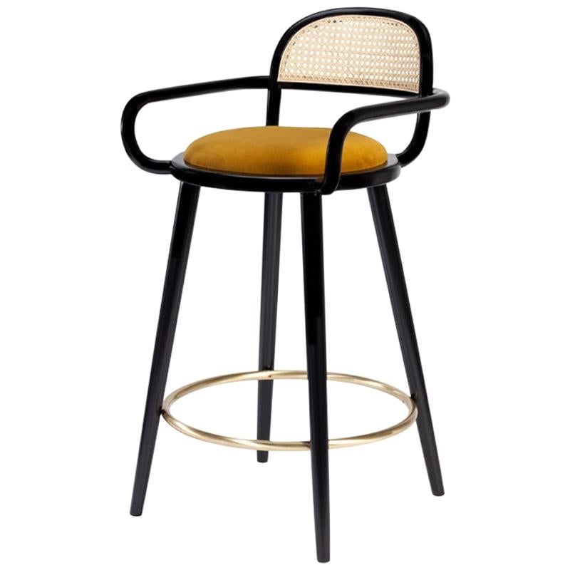 Luc Counter Chair in Black Wood, Brass and Seta Leather Cuoio Seat
