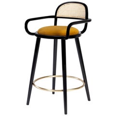 Luc Counter Chair in Black Wood, Brass and Seta Leather Cuoio Seat