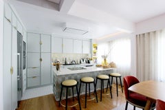 Luc Counter Stool in Solid Wood, Brass and Upholstered Seat