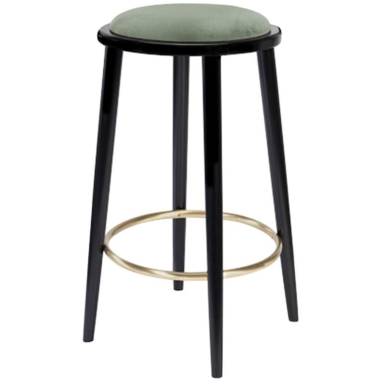 Luc Counter Stool in Solid Wood, Brass and Upholstered Seat For Sale