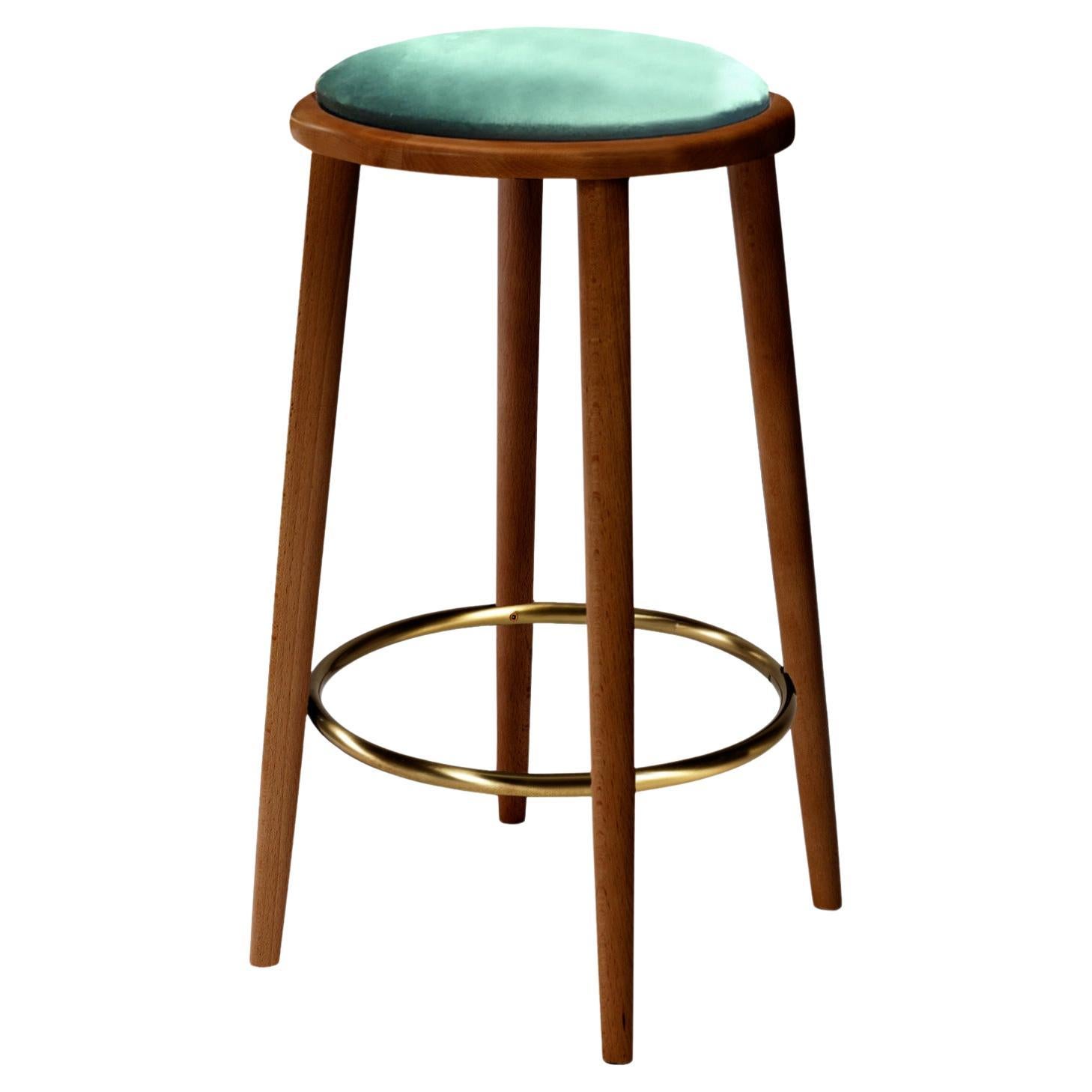 Luc Counter Stool in Solid Wood, Brass and Wood Seat
