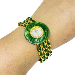 LUC DESROCHES signed vintage gold tone resin green jade designer watch bracelet
