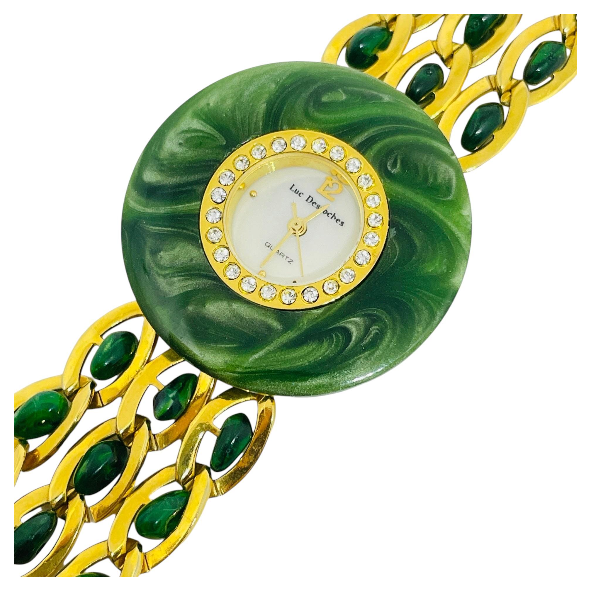 LUC DESROCHES signed vintage gold tone resin green jade designer watch bracelet