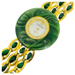 LUC DESROCHES signed vintage gold tone resin green jade designer watch bracelet