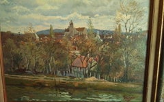 Landscape painting of Moret sur Loing, village and church in France.