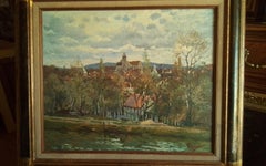 Landscape painting of Moret sur Loing, village and church in France.