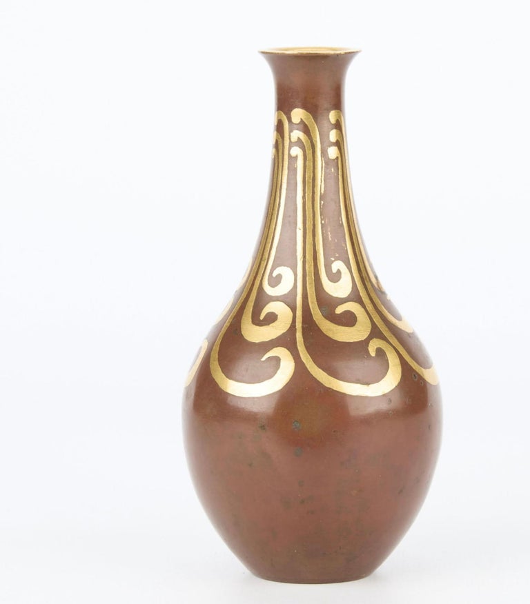 Christofle Dinanderie Vase with Gilt Leaf Decoration and Patination Christofle Dinanderie Vase with Gilt Leaf Decoration and Patination