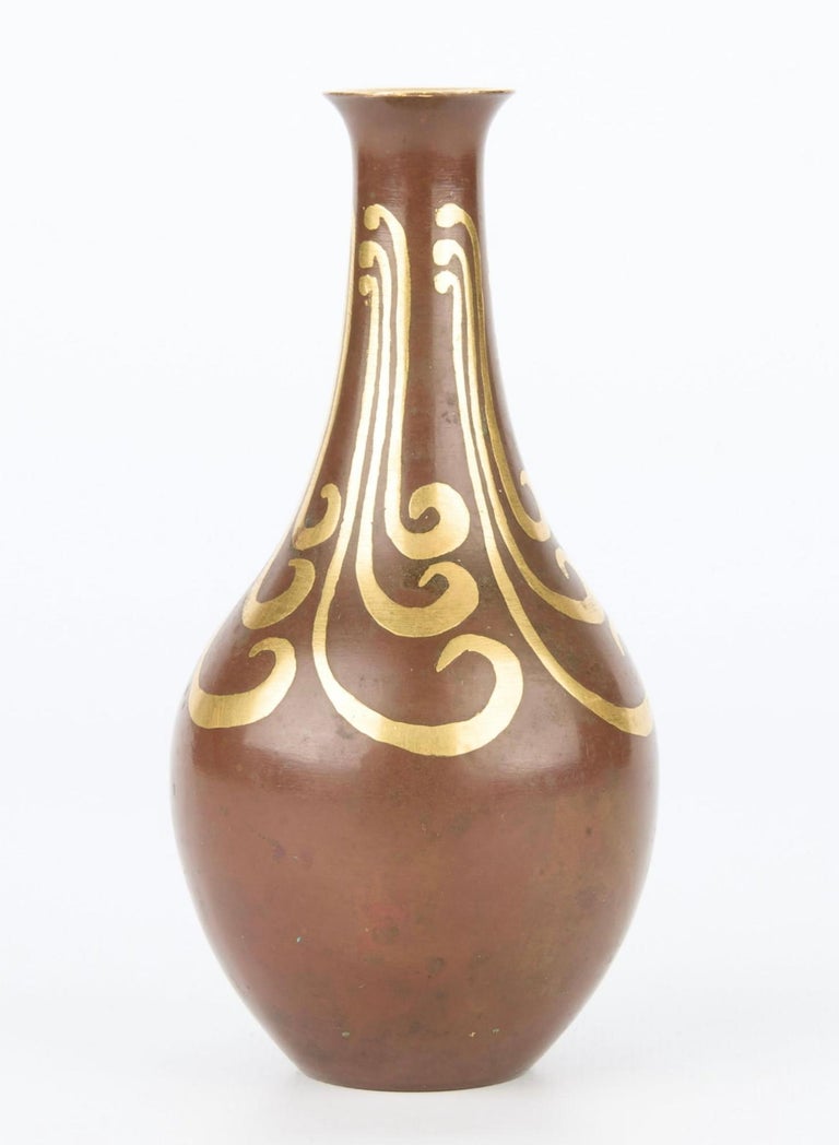 Christofle Dinanderie Vase with Gilt Leaf Decoration and Patination Christofle Dinanderie Vase with Gilt Leaf Decoration and Patination