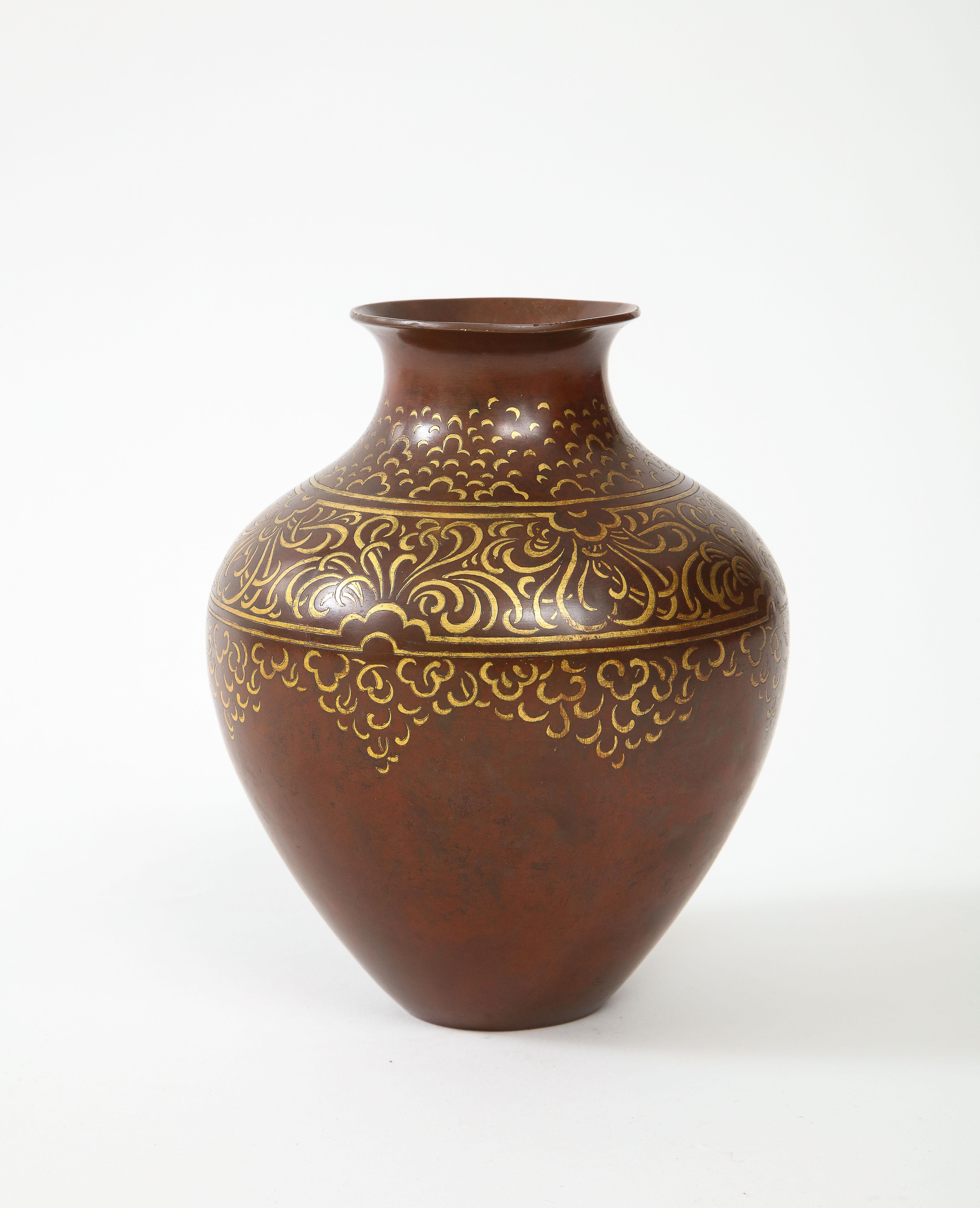Gold Luc Lanel for Christofle Rare Art Deco Dinanderie Vase in Bronze, France, 1920s For Sale