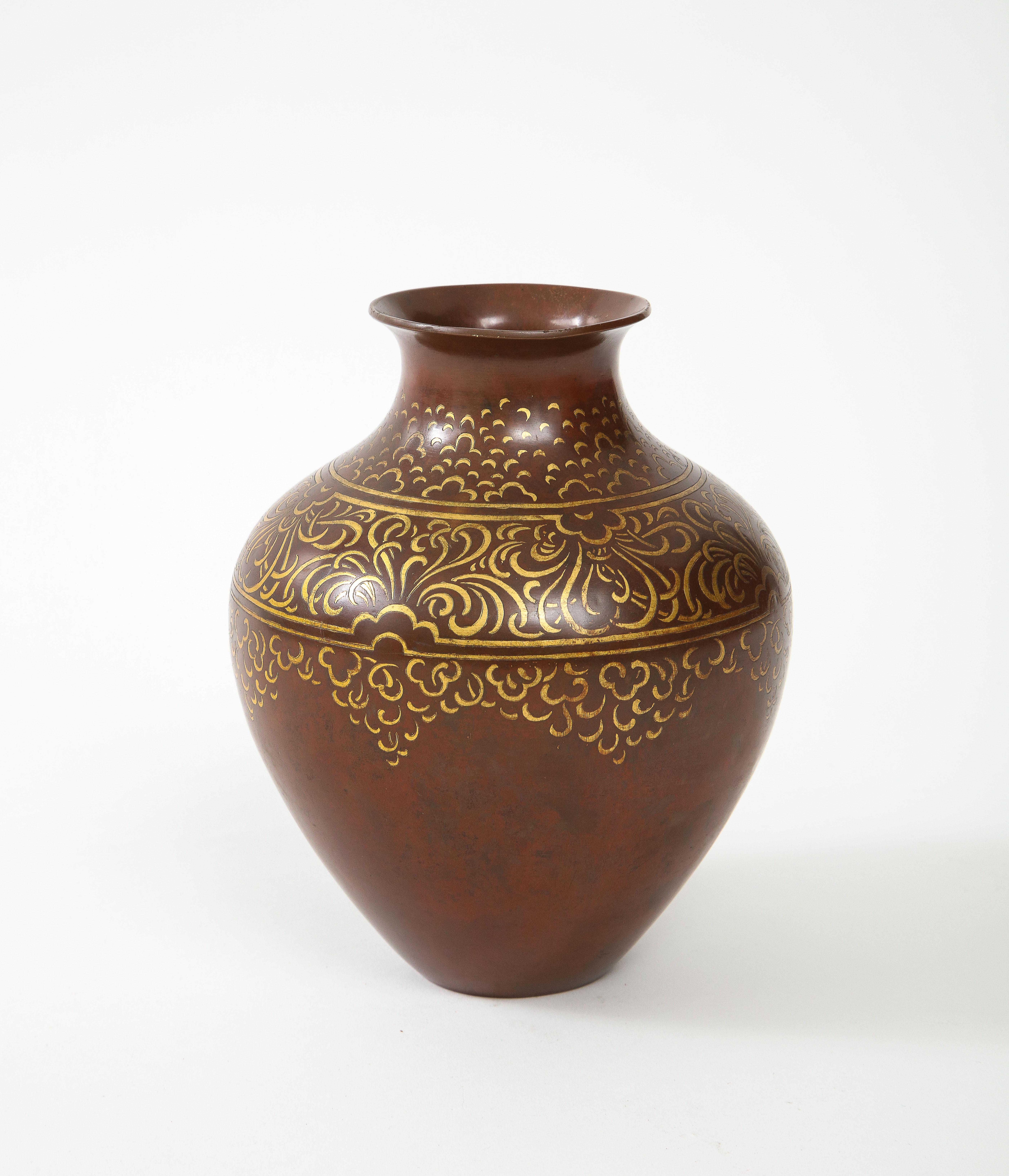 Luc Lanel for Christofle Rare Art Deco Dinanderie Vase in Bronze, France, 1920s For Sale 1
