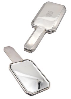 LUC LANEL Paris For Christofle 1930 Art Deco Silver Plated Geometric Hand-Mirror