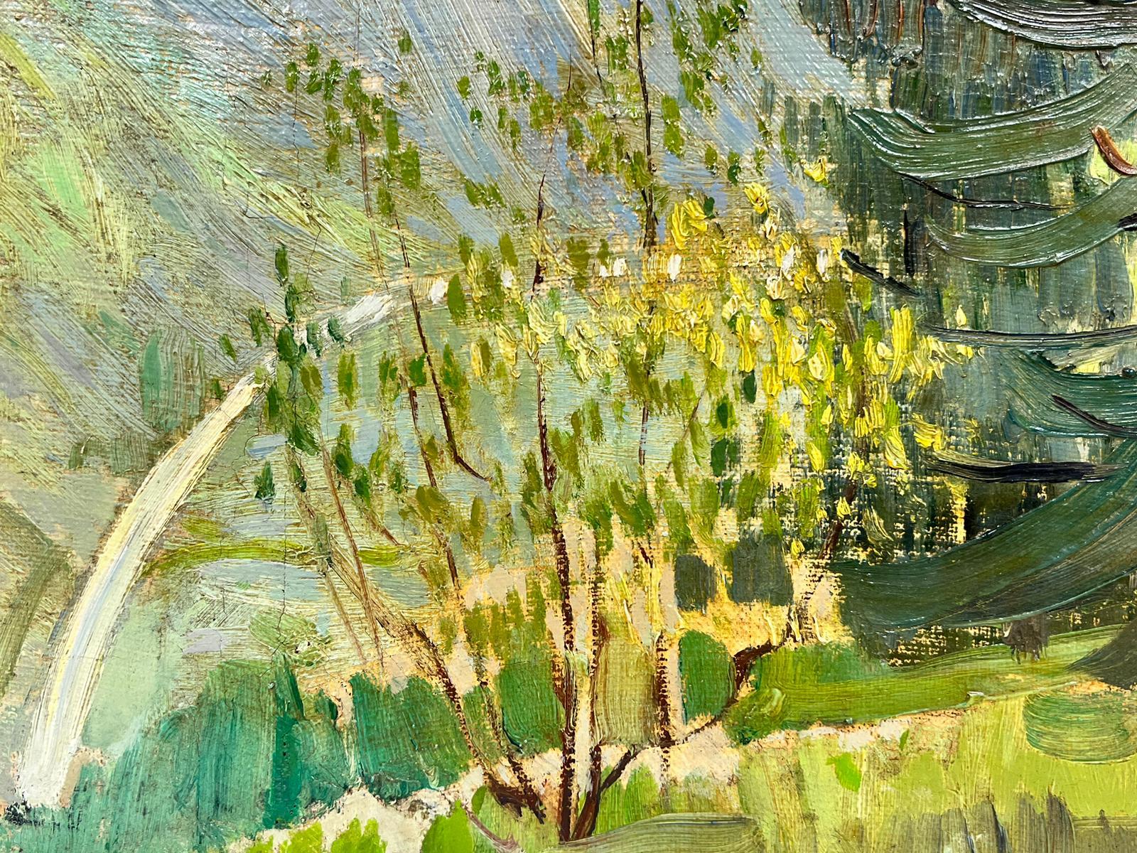 1920’s Belgian Impressionist Oil Deep Green Trees in Golden Landscape  For Sale 1