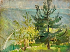 Huile impressionniste belge des années 1920 Arbres d'un vert profond dans un paysage doré 