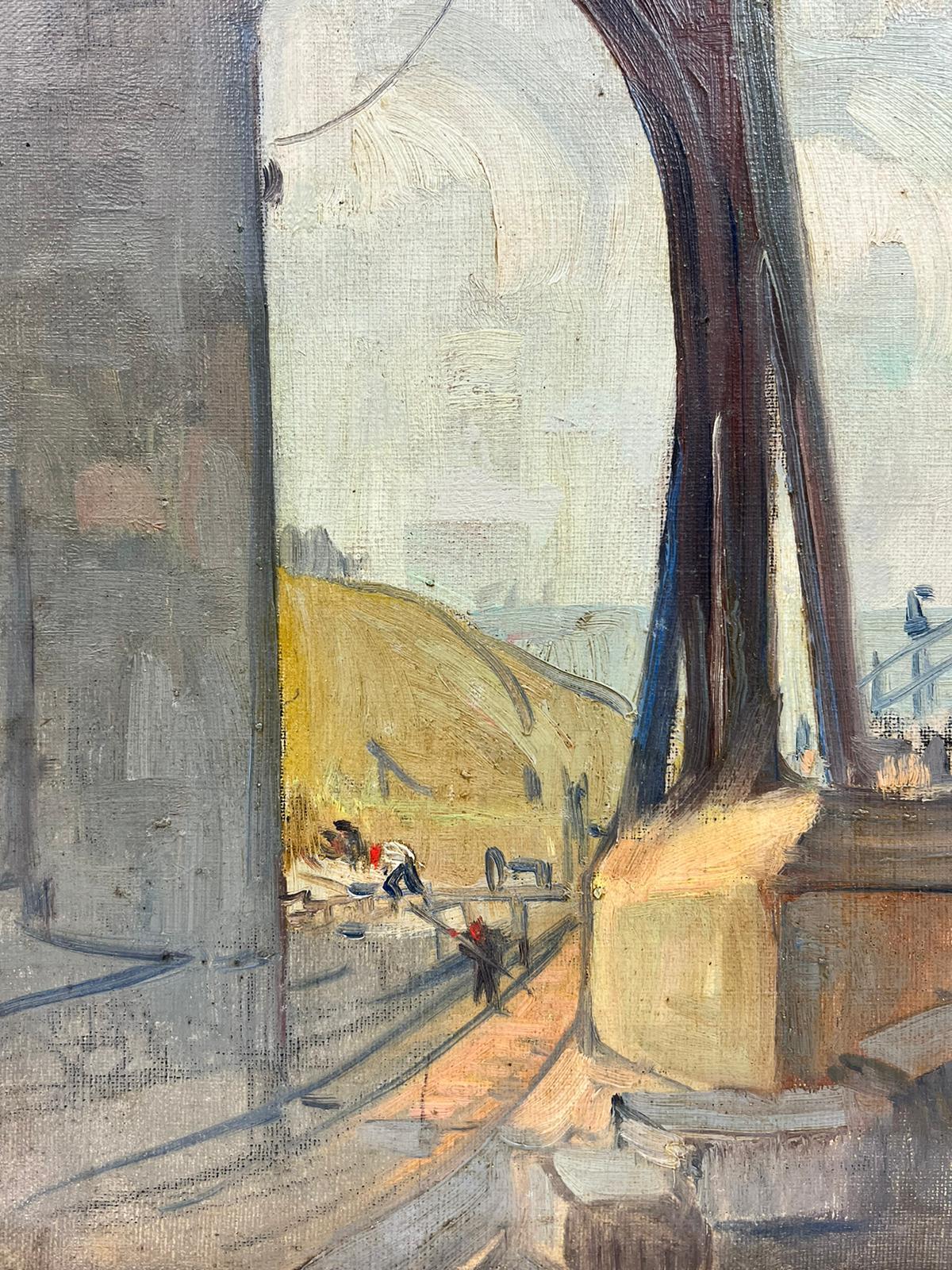 1930’s Belgian Oil Bridge Aqueduct Building in Landscape, original oil - Painting by Luc Lapnet