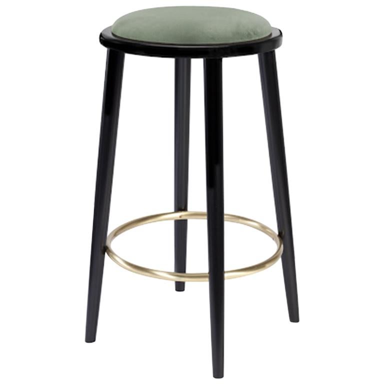 Luc Bar Stool in Solid Wood, Brass and Upholstered Seat
