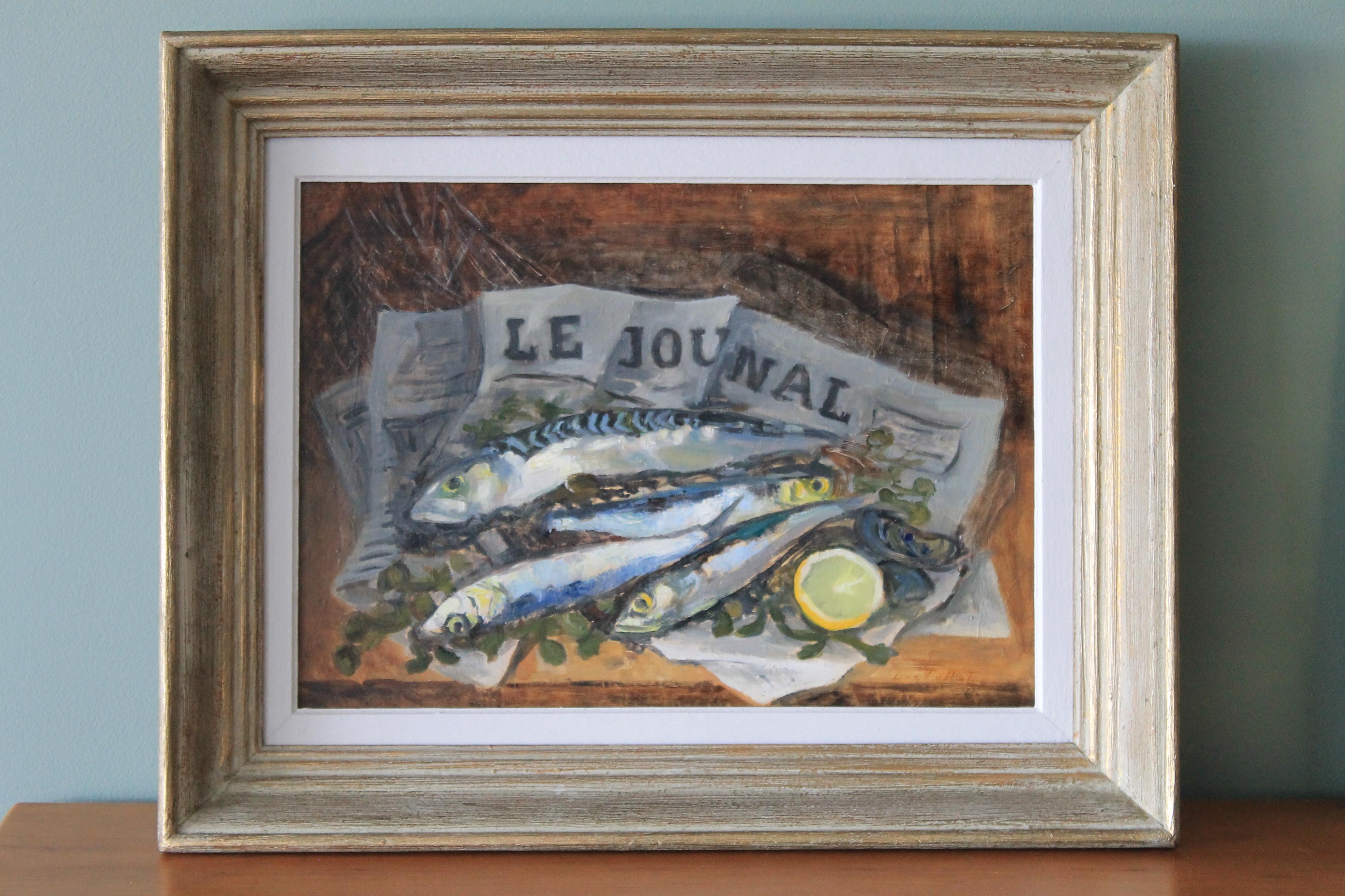 Natura morta d'epoca con sardine e limone su un giornale francese - Painting di Luc Tullat