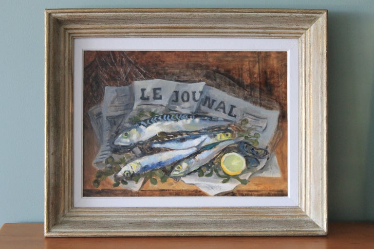 Luc Tullat Vintage still life painting of sardines and lemon on a