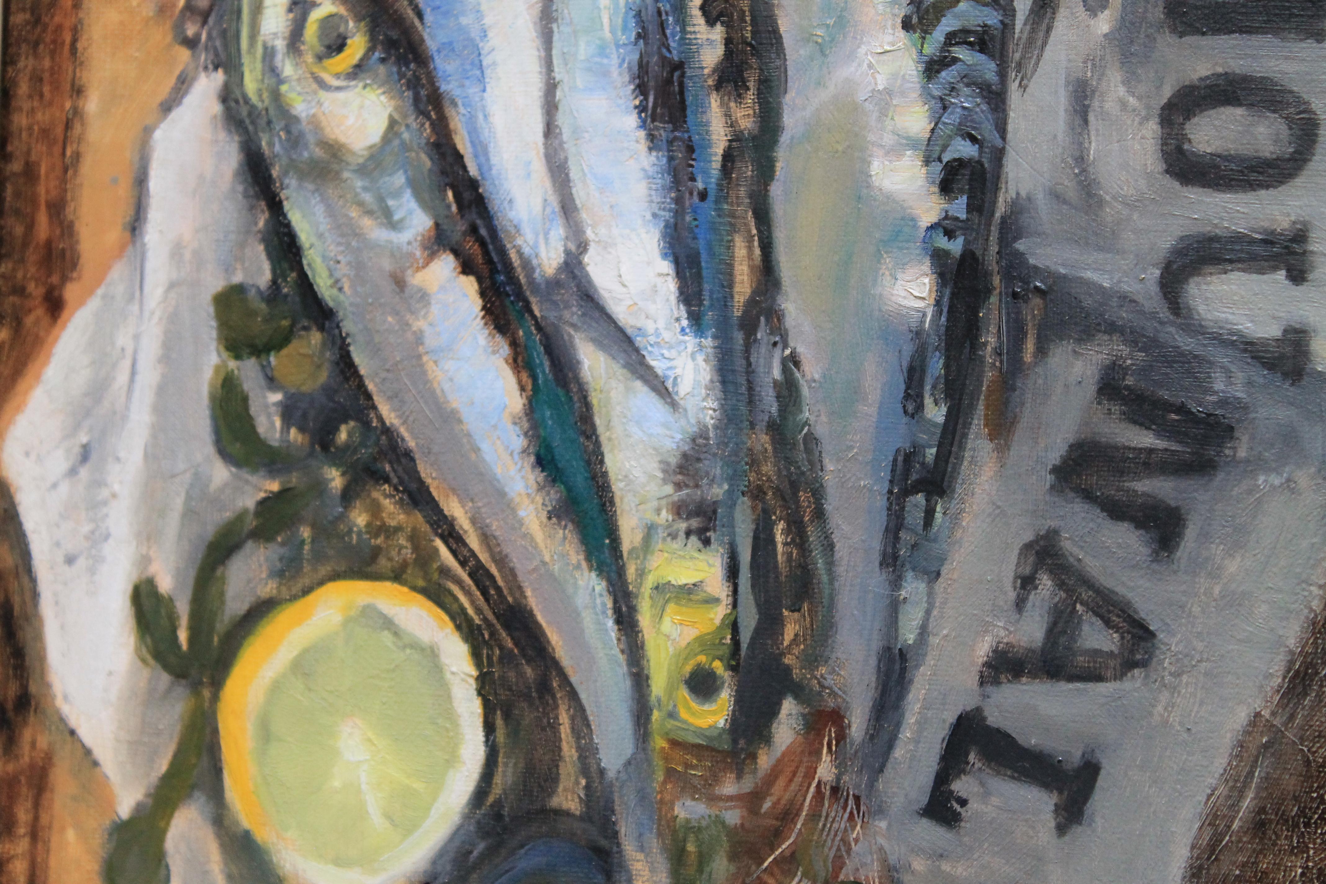 Natura morta d'epoca con sardine e limone su un giornale francese 2