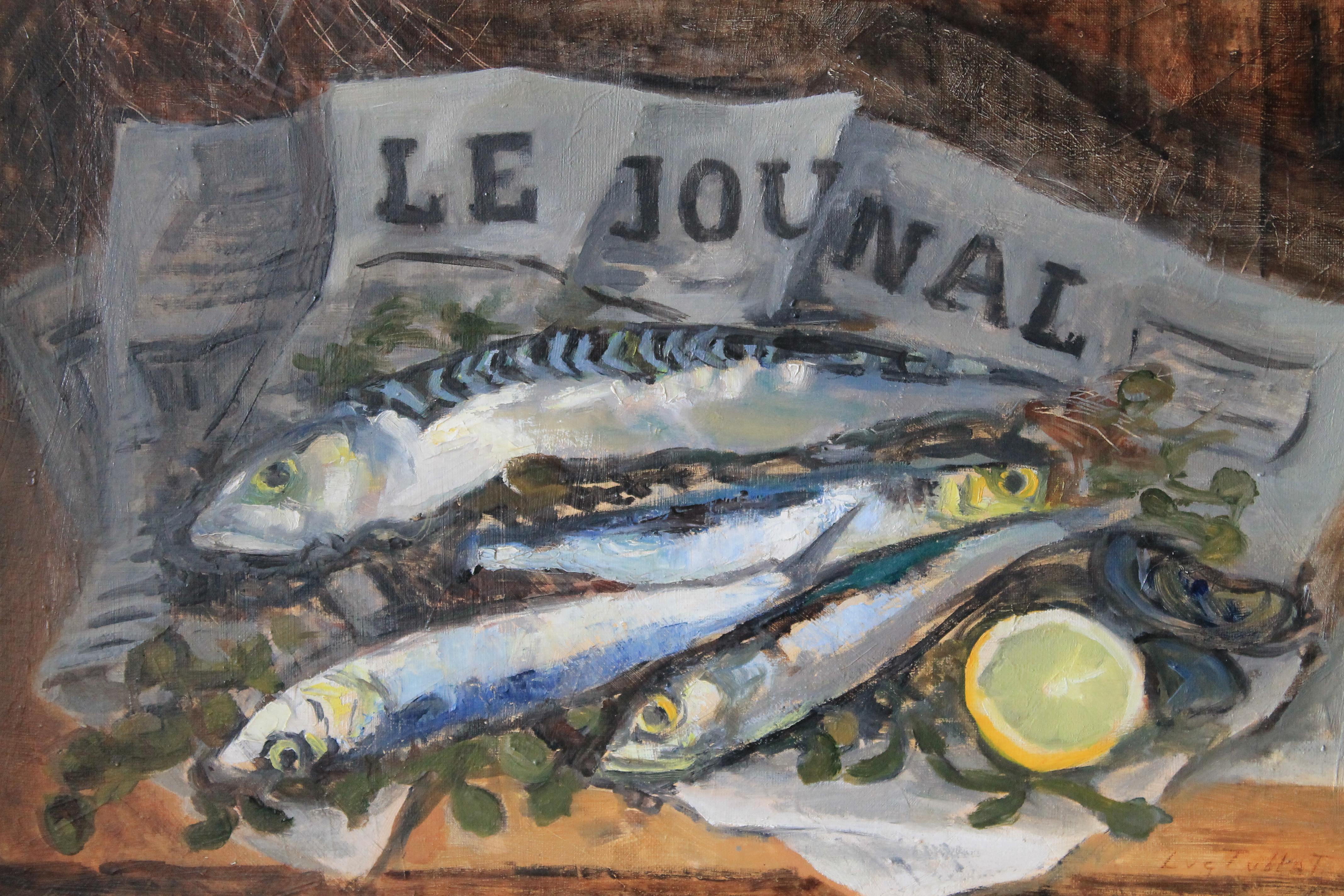 Still-Life Painting di Luc Tullat - Natura morta d'epoca con sardine e limone su un giornale francese