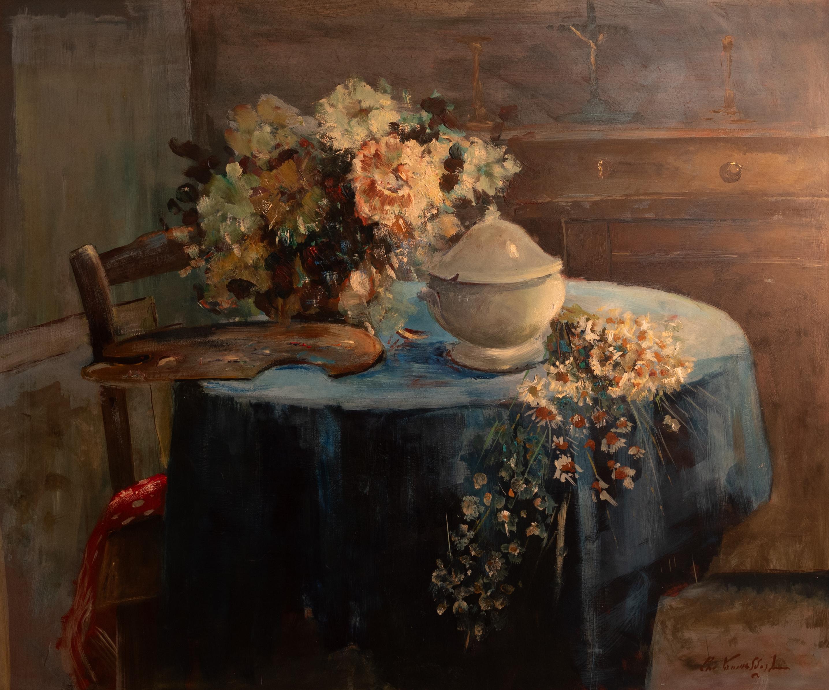 Oil on canvas still life painting of 'Blue Table' with flowers - Painting by Luc Vanmaldeghem