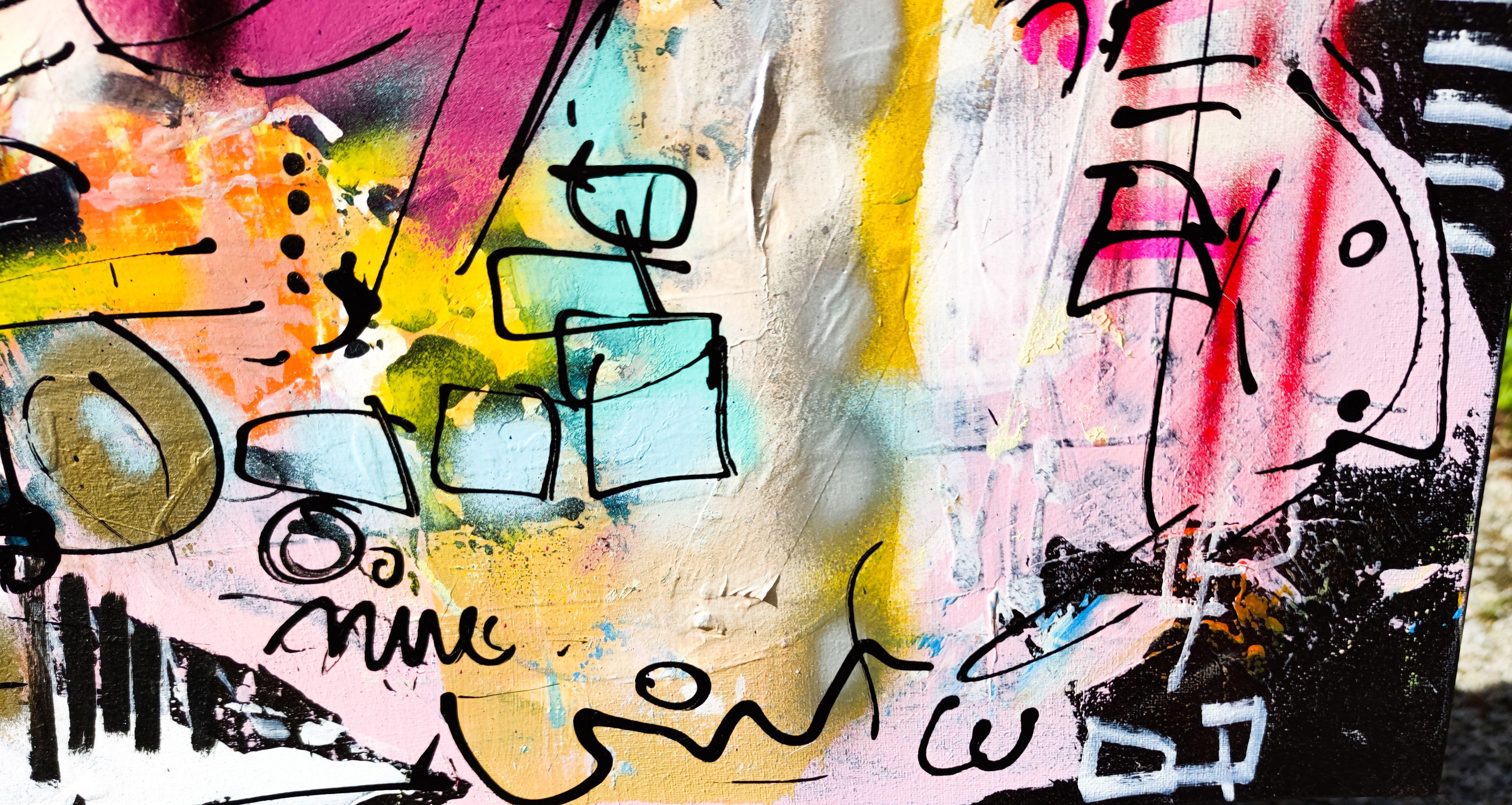 Produced on canvas and stretched by hand, the work is protected by several layers of varnish to give it a smooth and shiny appearance. The acronym of the artist 
