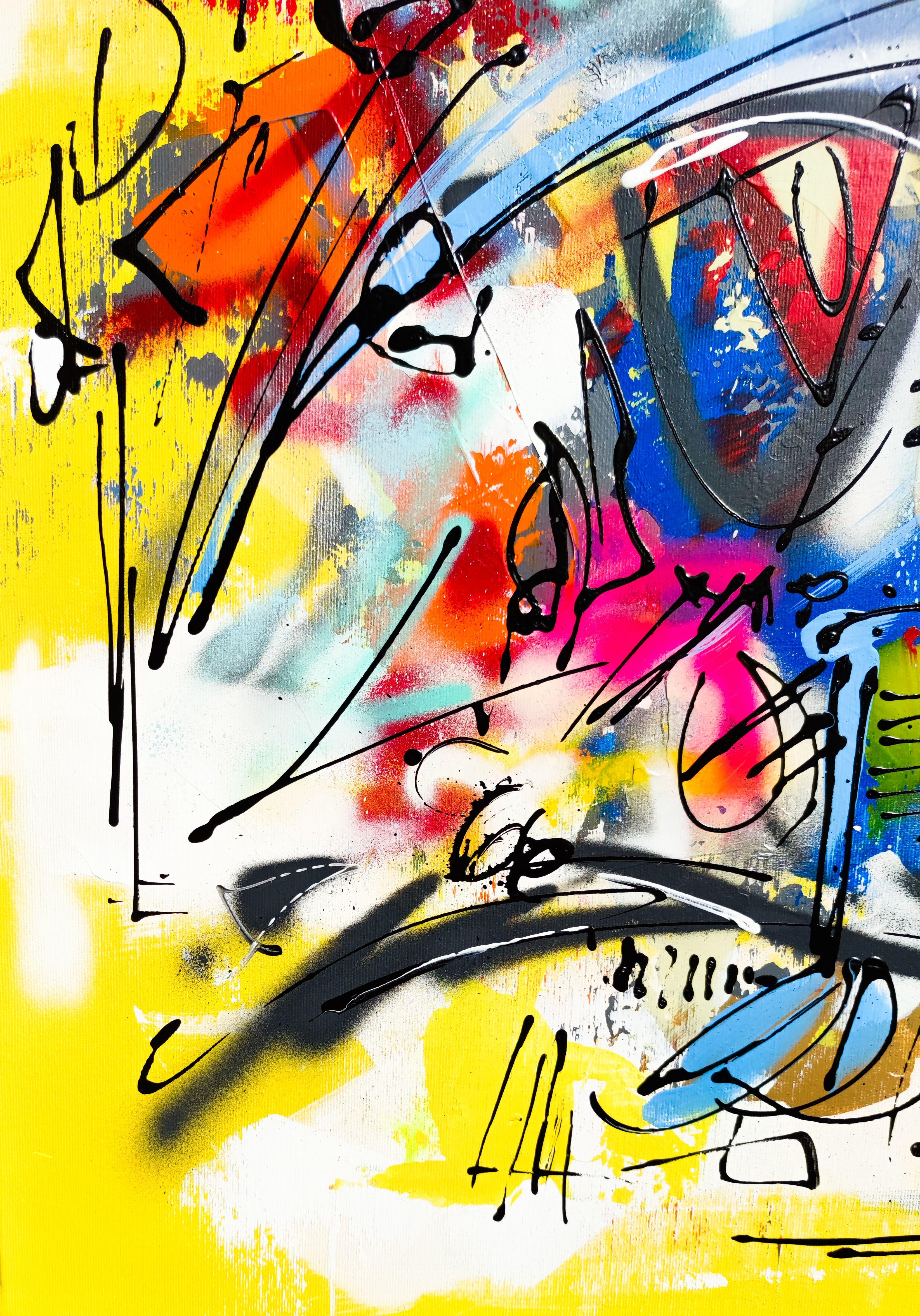 A work of brilliant colors, luminous, vibrant. Produced on canvas and stretched by hand, the work is protected by several layers of varnish to give it a smooth and shiny appearance. The acronym of the artist 