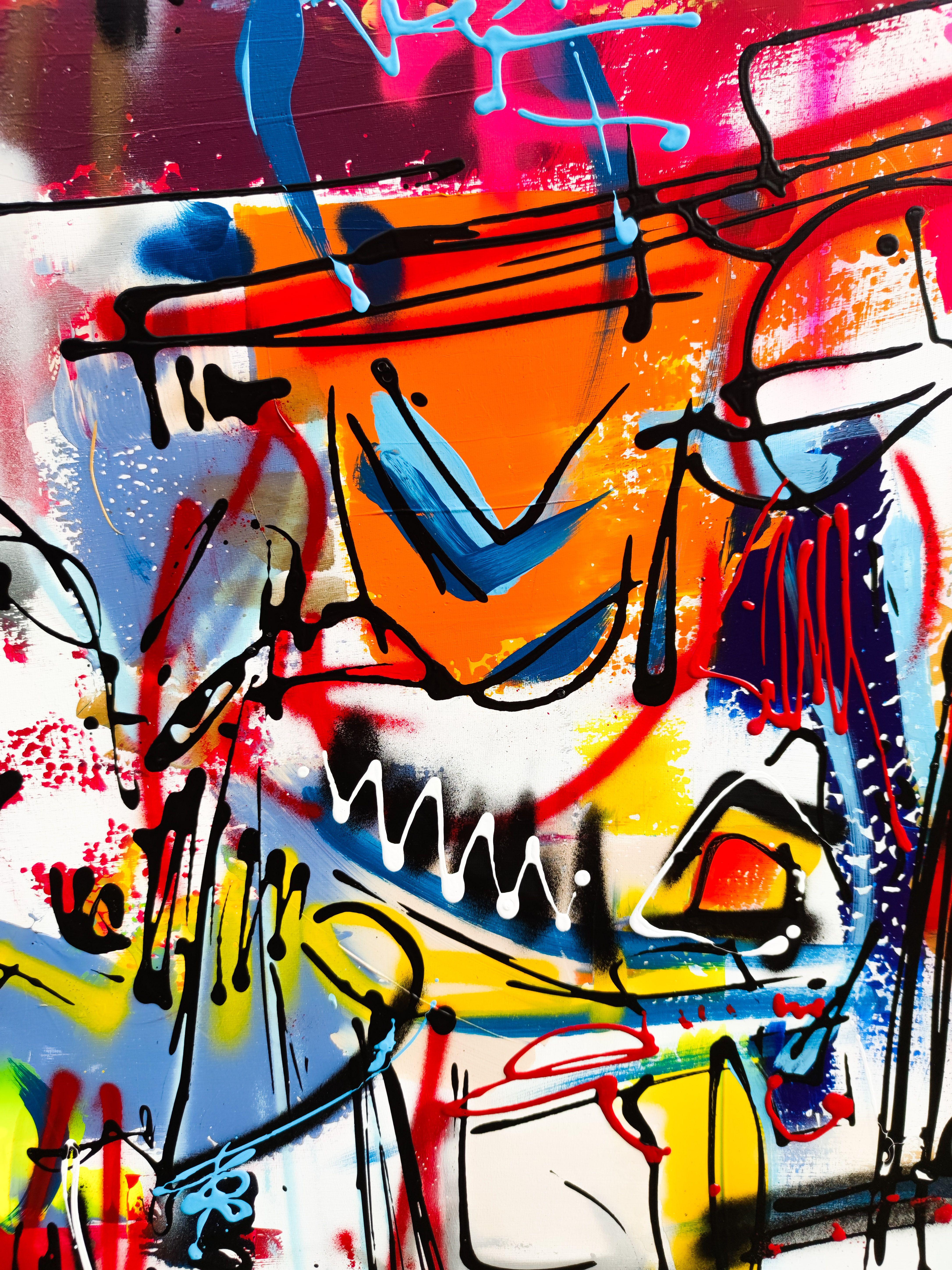 Produced on canvas and stretched by hand, the work is protected by several layers of varnish to give it a smooth and shiny appearance. The acronym of the artist 