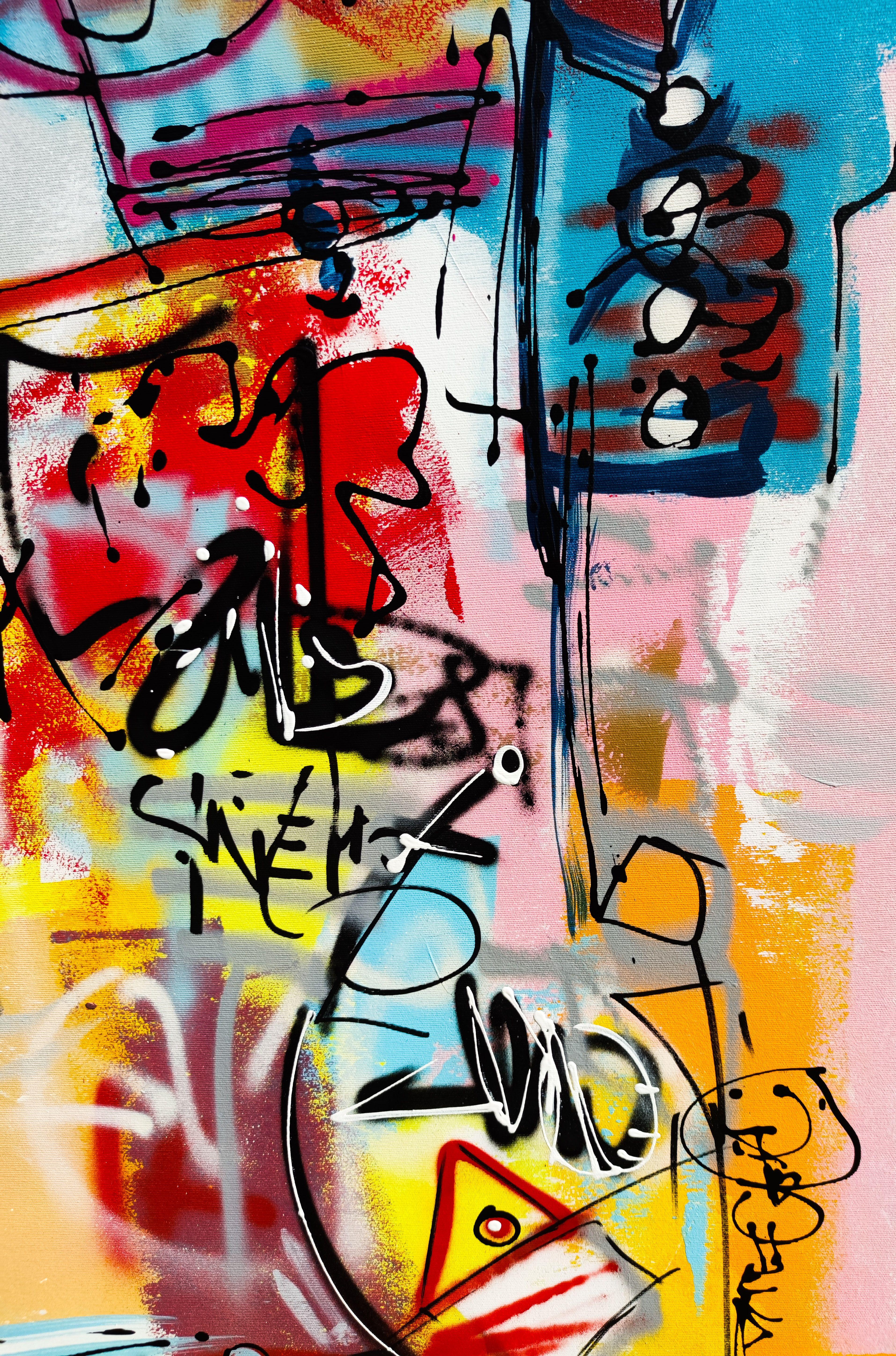 A work of brilliant colors, luminous, vibrant. Produced on canvas and stretched by hand, the work is protected by several layers of varnish to give it a smooth and shiny appearance. The acronym of the artist 
