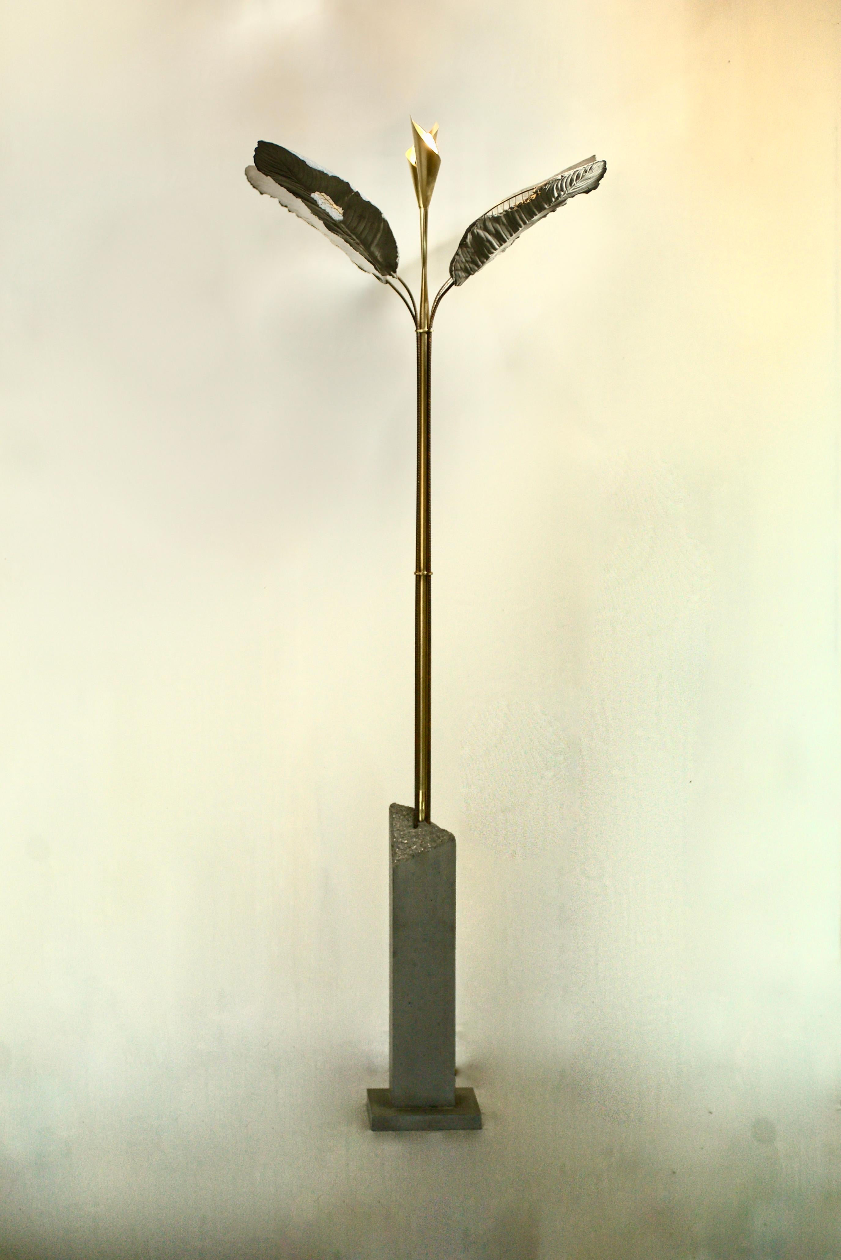 French Luca Biancheri, Luna, Palm, Contemporary Floor Lamp, Concrete, Brass, Raw Steel  For Sale