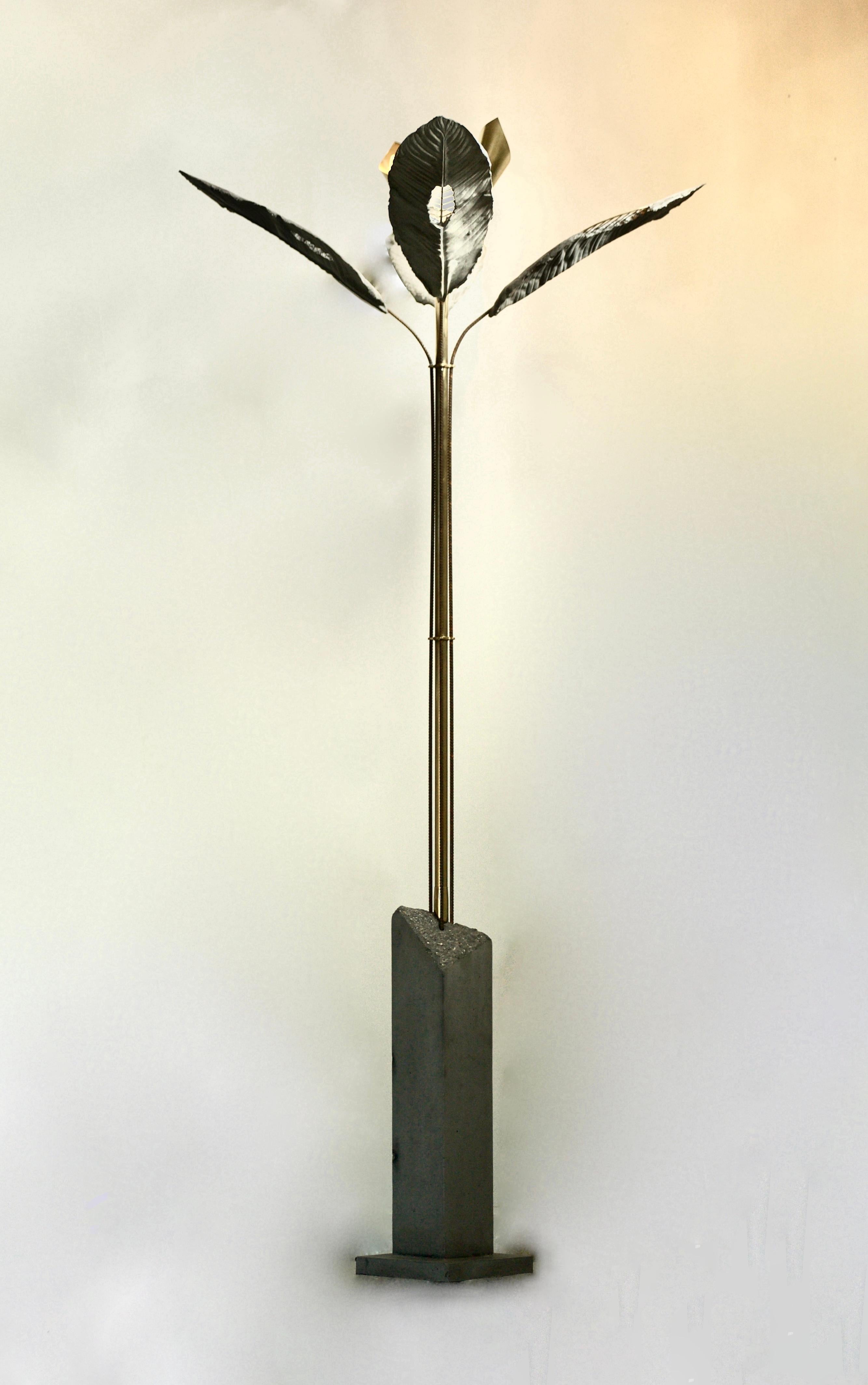 Molded Luca Biancheri, Luna, Palm, Contemporary Floor Lamp, Concrete, Brass, Raw Steel  For Sale