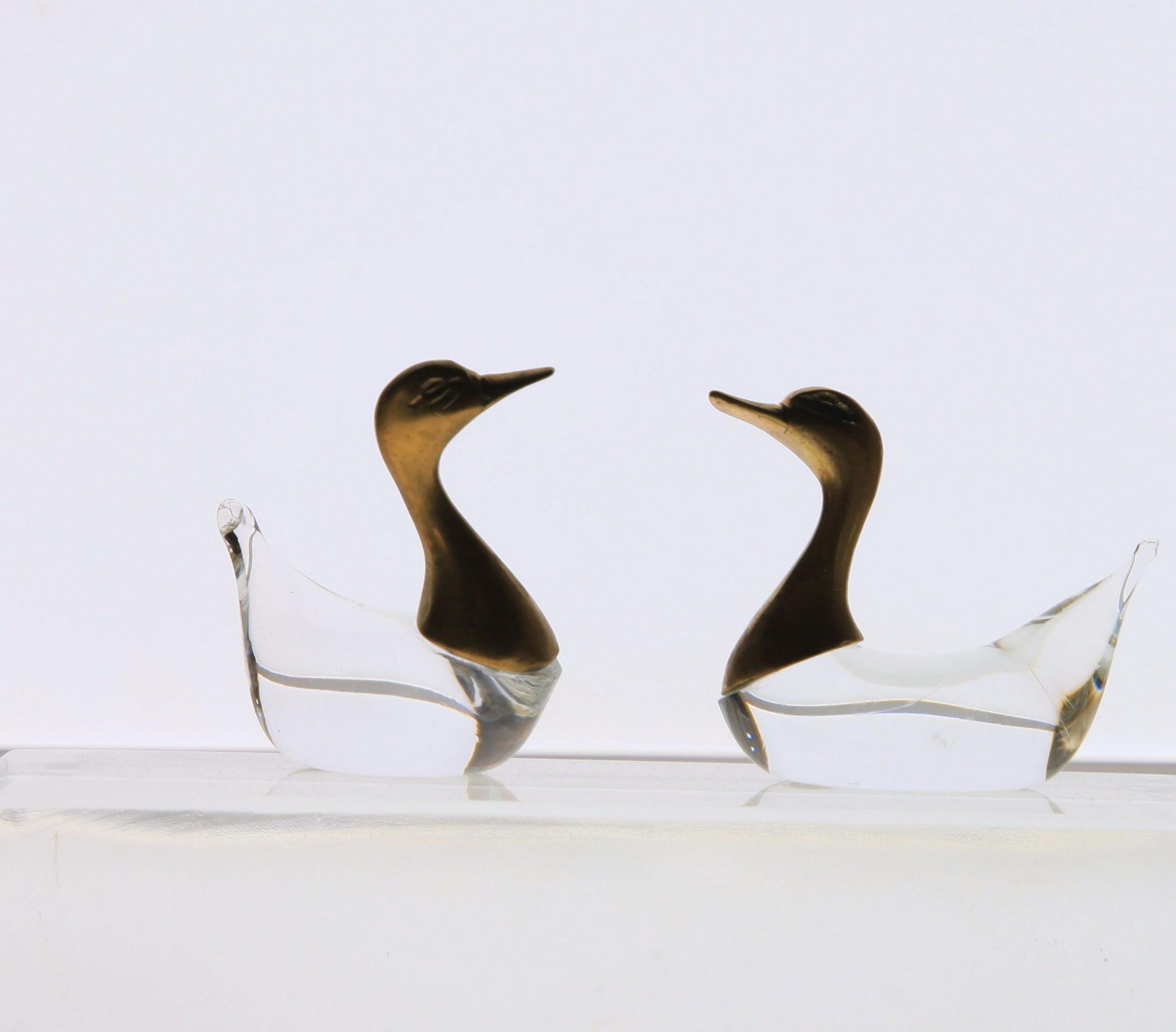 Luca Bojola Pair of Ducks Cast Brass Murano Licio Zanetti Glass, 1980s, Small 4