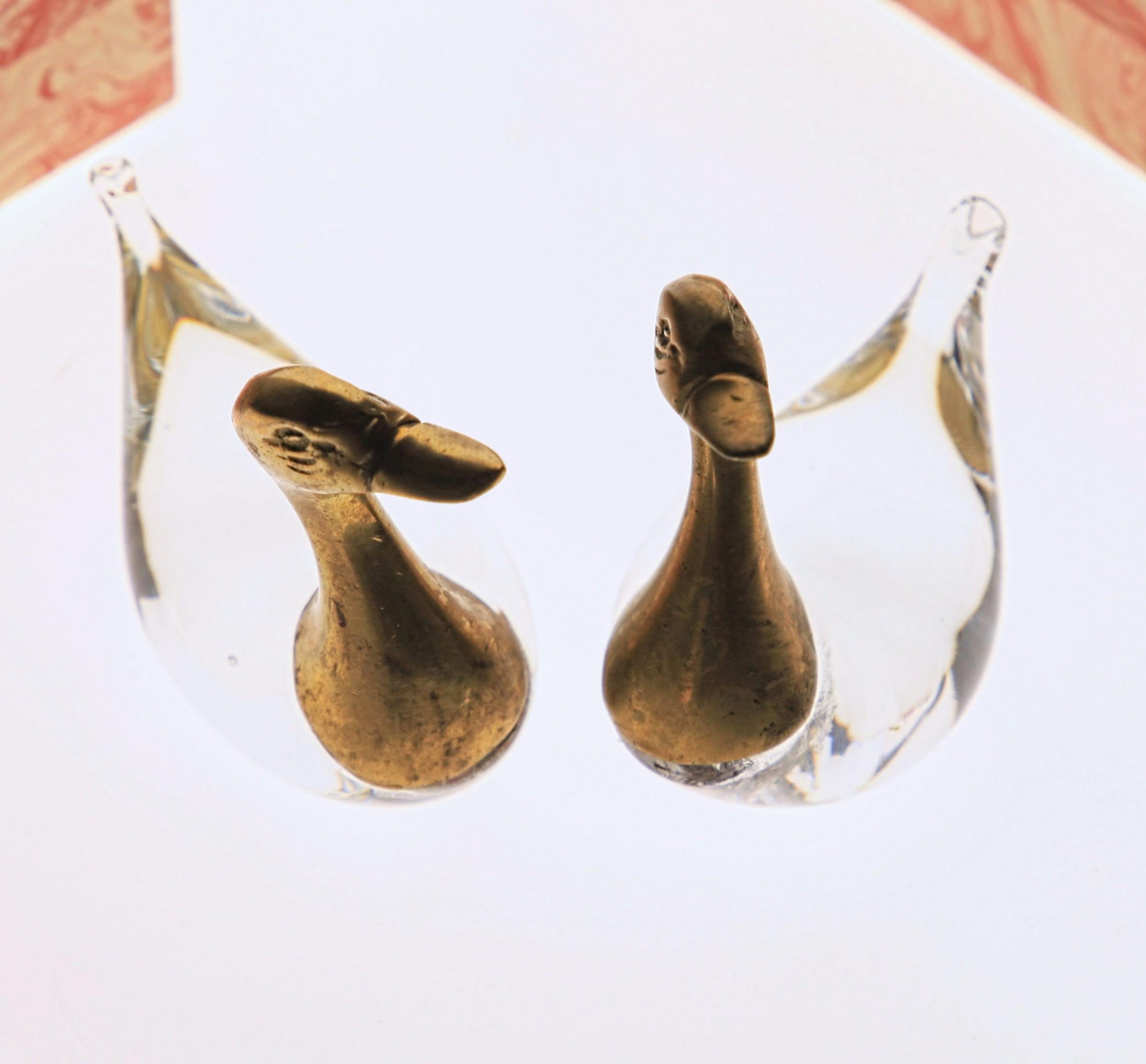 Luca Bojola Pair of Ducks Cast Brass Murano Licio Zanetti Glass, 1980s, Small 7