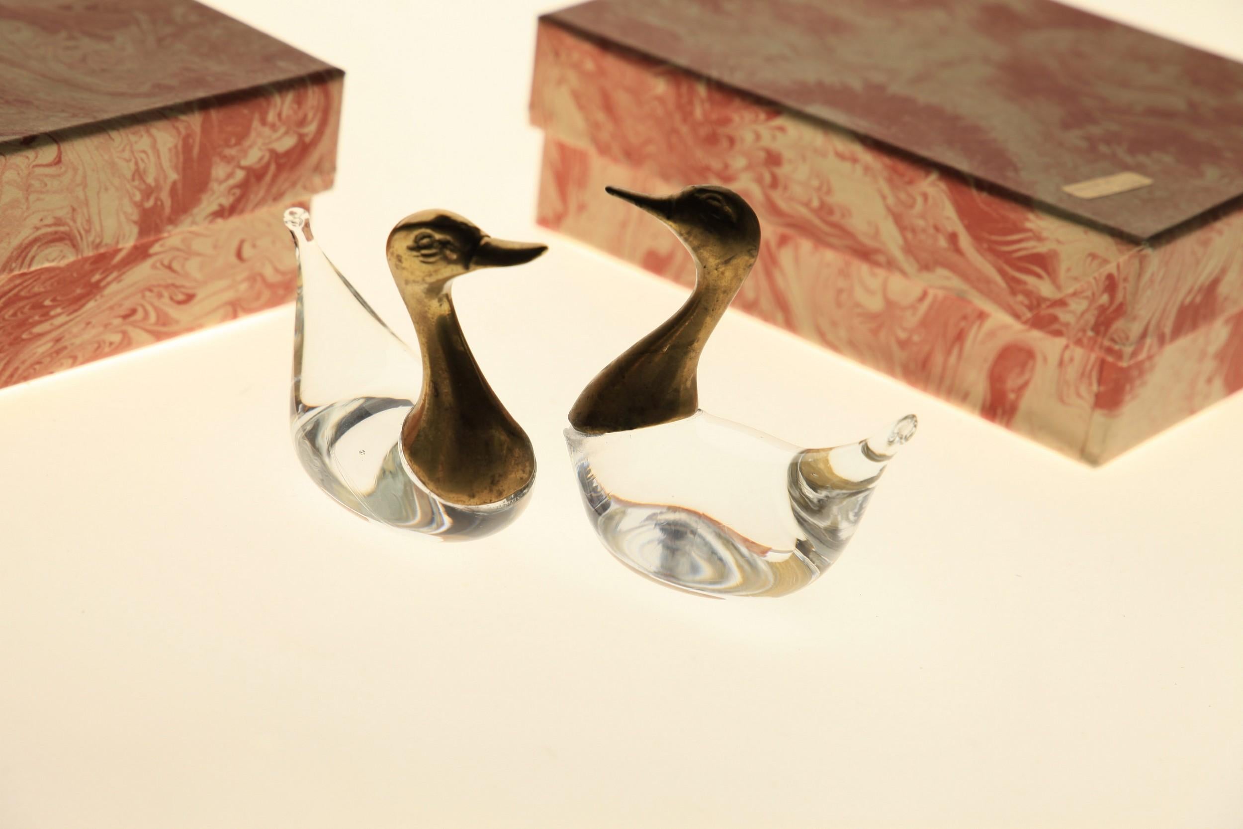 Luca Bojola Pair of Ducks Cast Brass Murano Licio Zanetti Glass, 1980s, Small 12