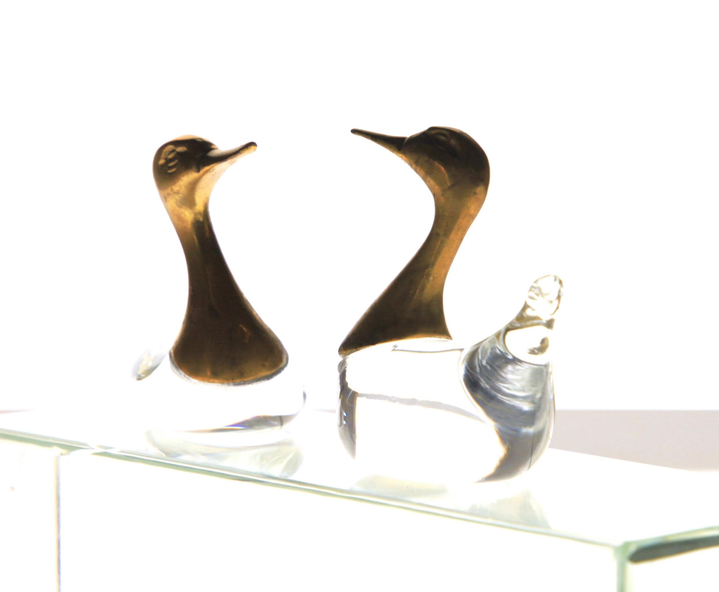 Mid-Century Modern Luca Bojola Pair of Ducks Cast Brass Murano Licio Zanetti Glass, 1980s, Small