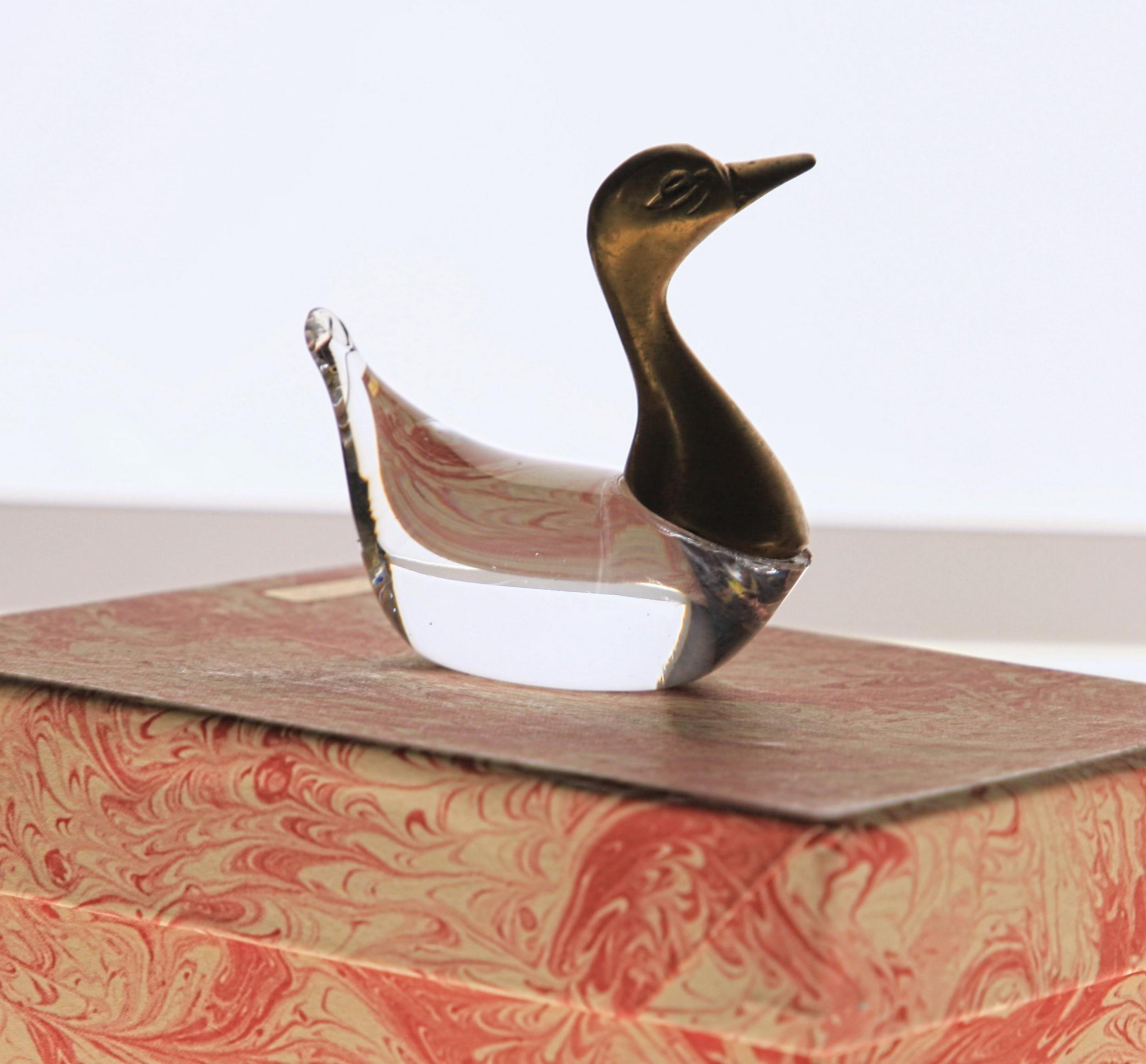 20th Century Luca Bojola Pair of Ducks Cast Brass Murano Licio Zanetti Glass, 1980s, Small