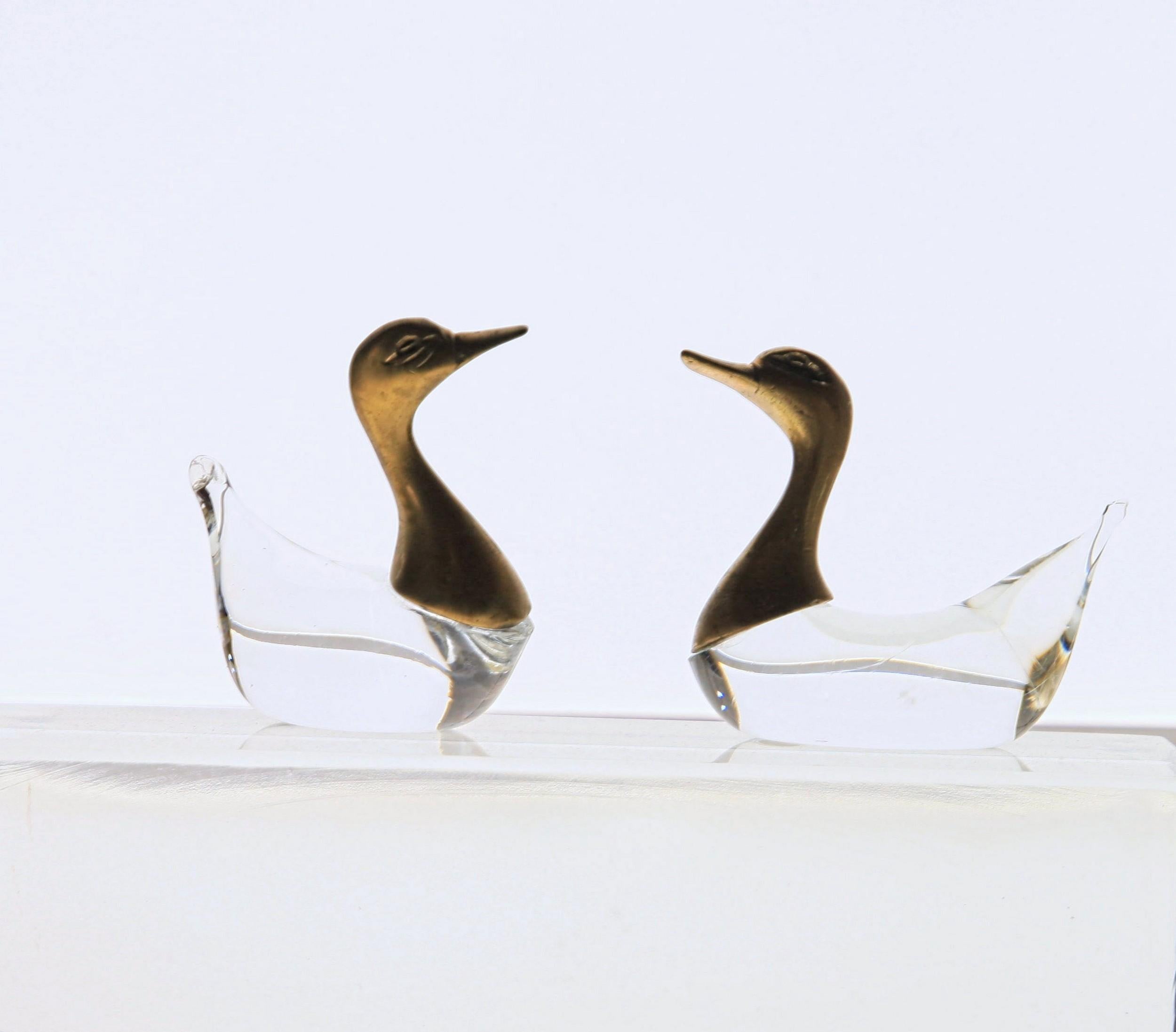 Luca Bojola Pair of Ducks Cast Brass Murano Licio Zanetti Glass, 1980s, Small 1