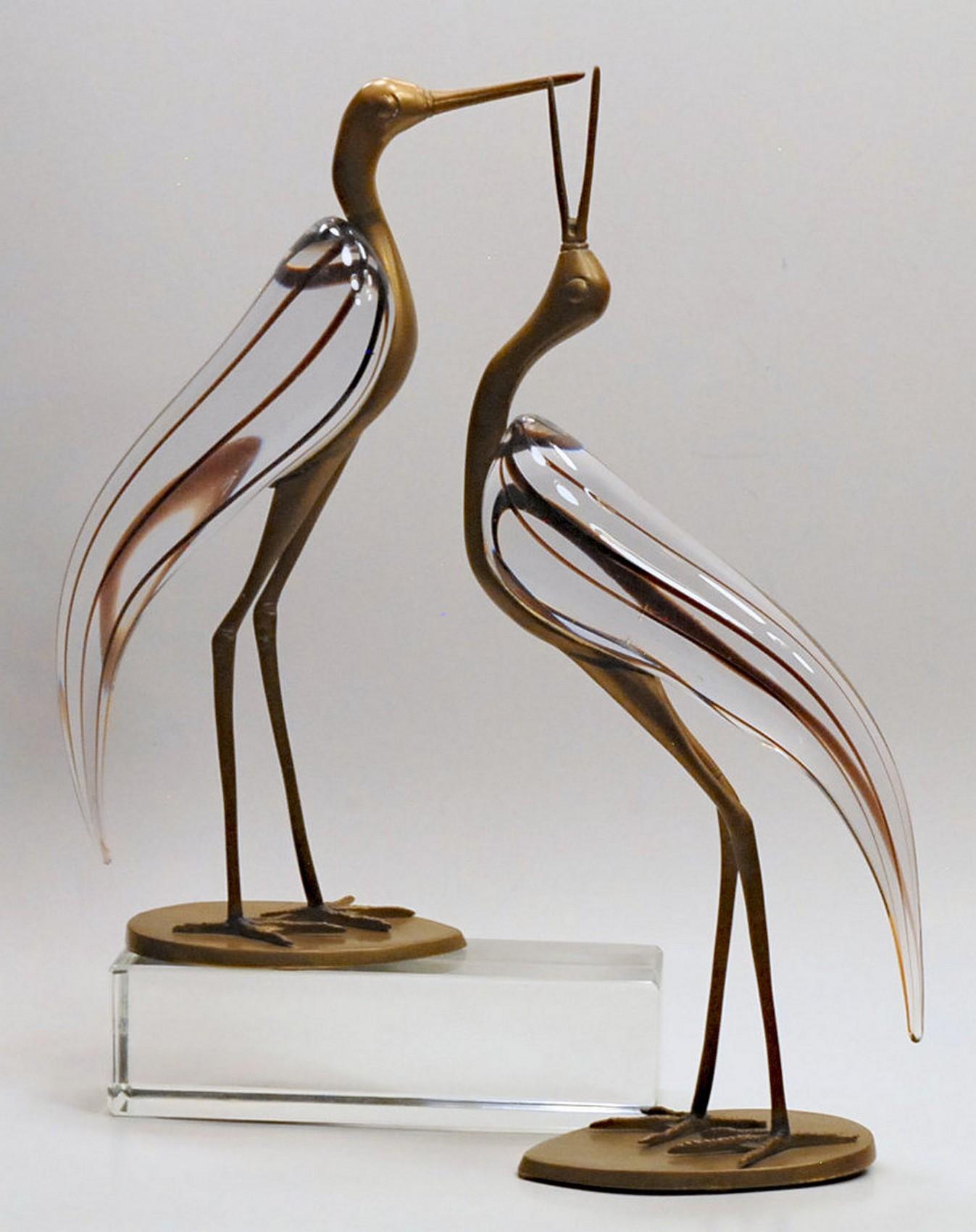 Mid-Century Modern Luca Bojola Pair of Herons Florence Cast Brass Murano Licio Zanetti Glass, 1980s