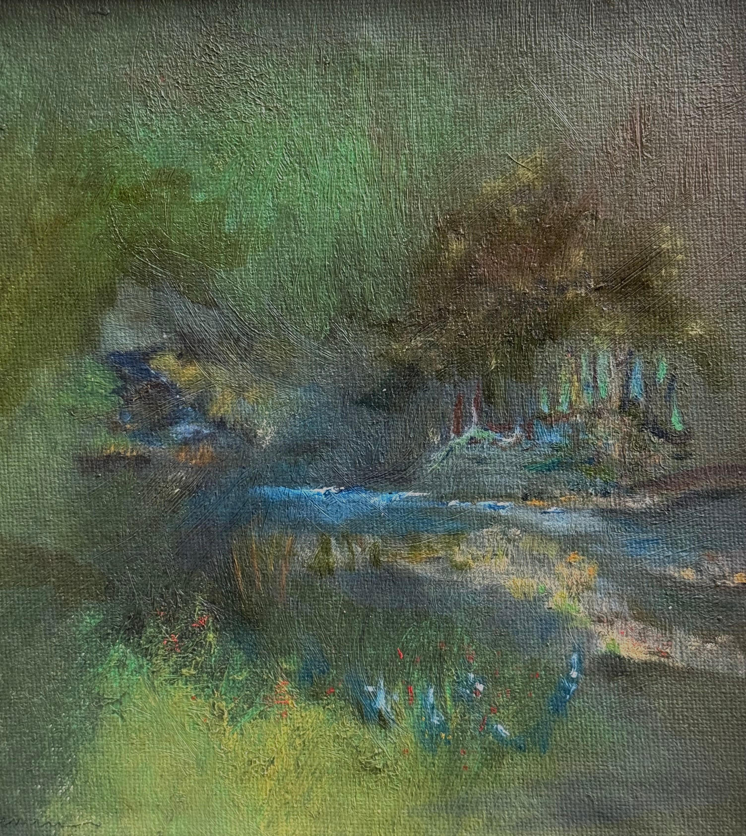 Paesaggio notturno originale ad olio su tela dell'artista contemporaneo italiano Luca Caimmi.  Firmato a matita in basso a sinistra Caimmi