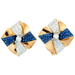 Luca Carati 18K Rose and White Gold Diamond and Sapphire Pave Bow Huggie Omega
