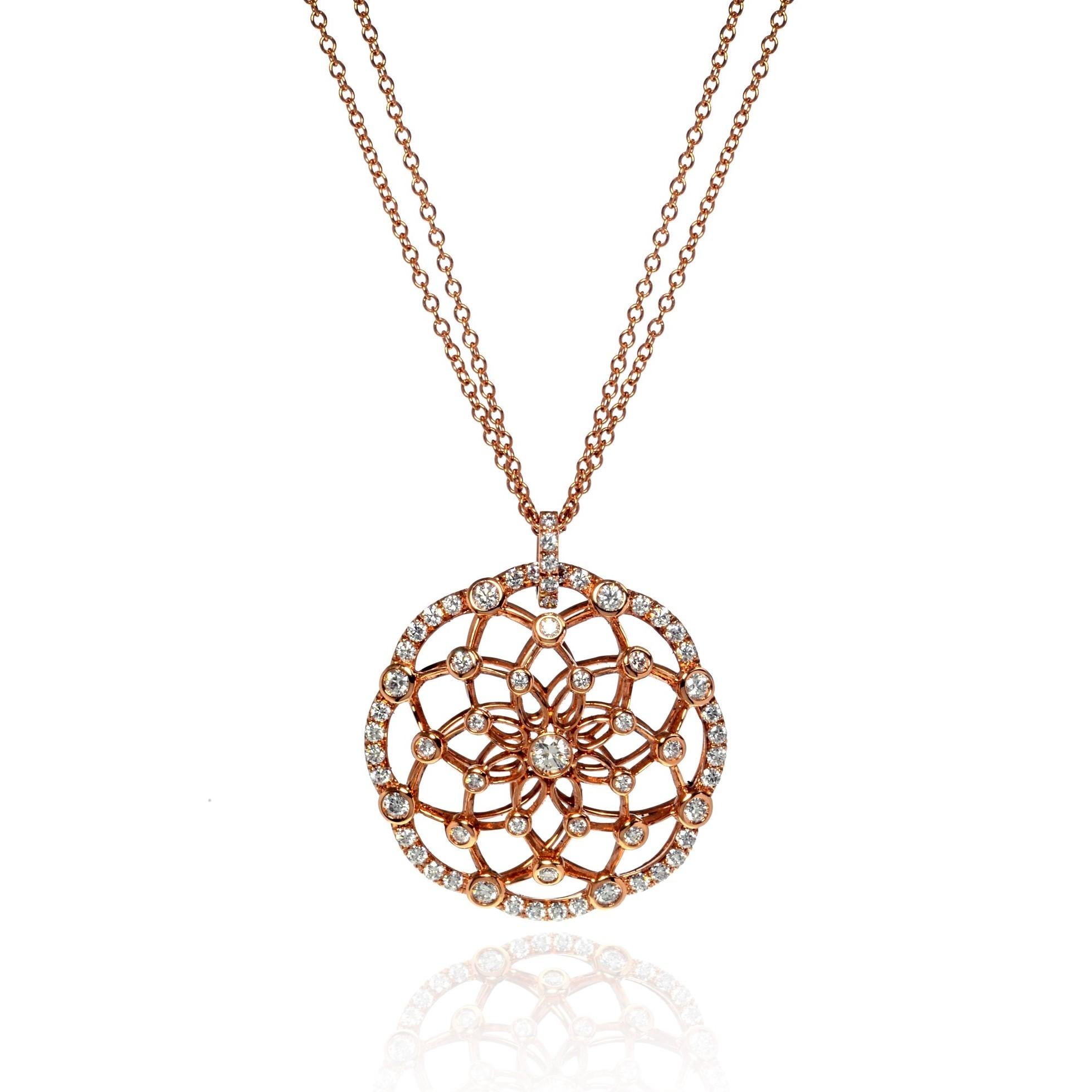 Modern Luca Carati 18K Rose Gold Diamond Circle Pendant Necklace 1.66Cttw