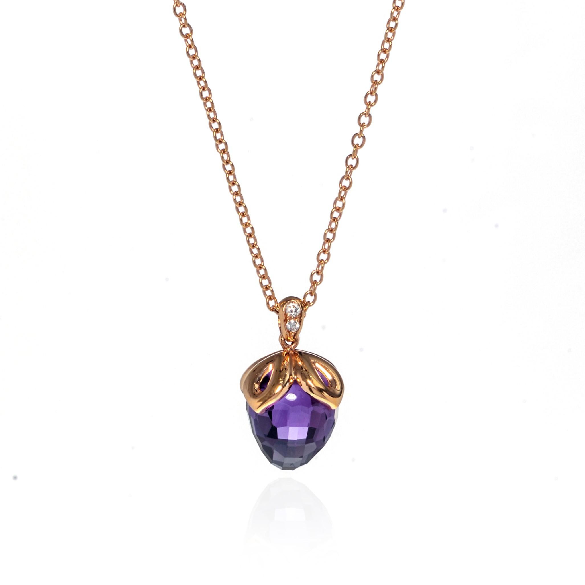 This beautiful purple Amethyst & diamond pendant necklace is crafted in 18k rose gold. Bail is set with tiny diamonds that are 0.03cttw. Amethyst weight: 7.80cts. Pendant size: 16.00mm. Chain length: 17.00 inches. Comes with box and certificate. 