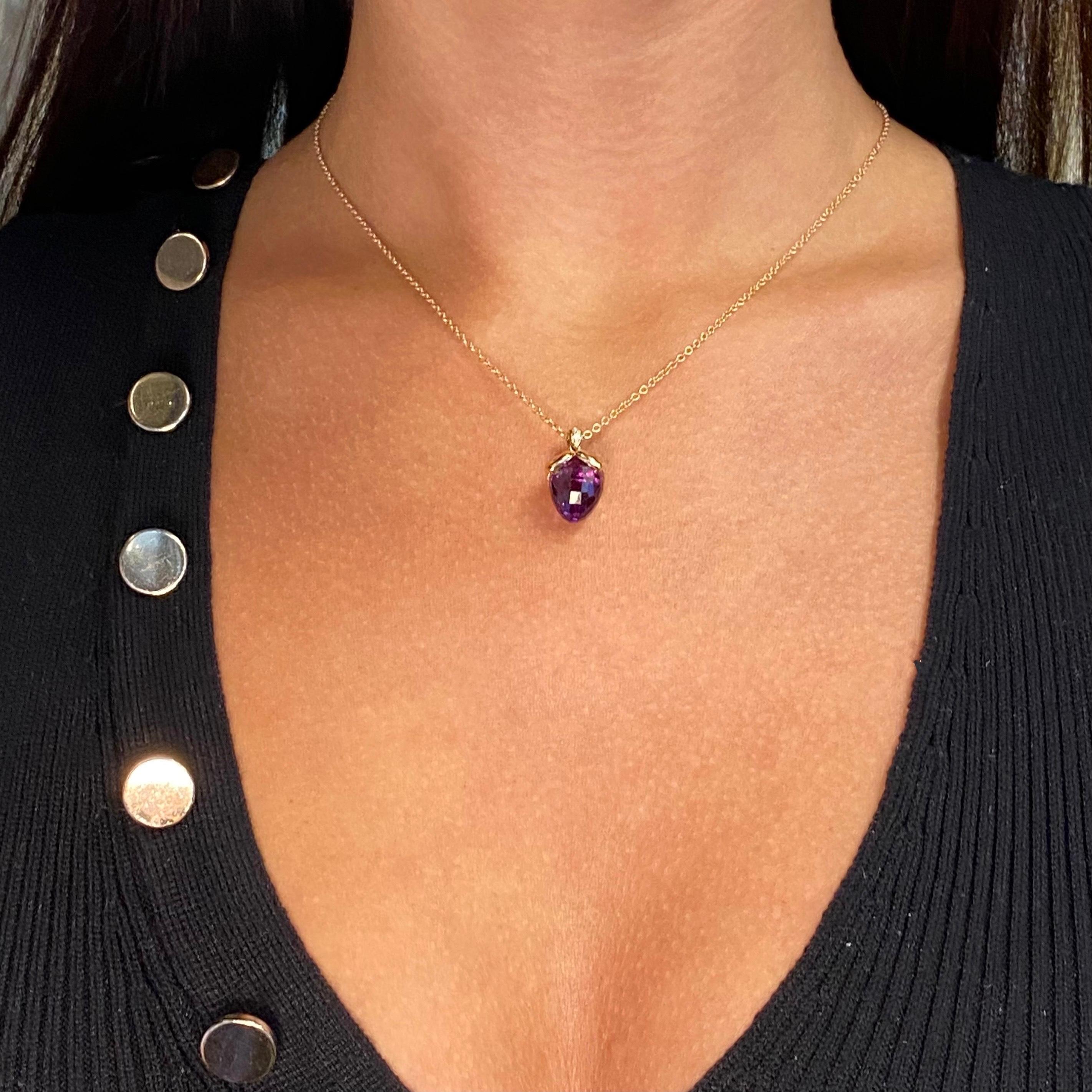 Round Cut Luca Carati 18K Rose Gold Purple Amethyst & Diamond Pendant Necklace 0.03Cttw For Sale