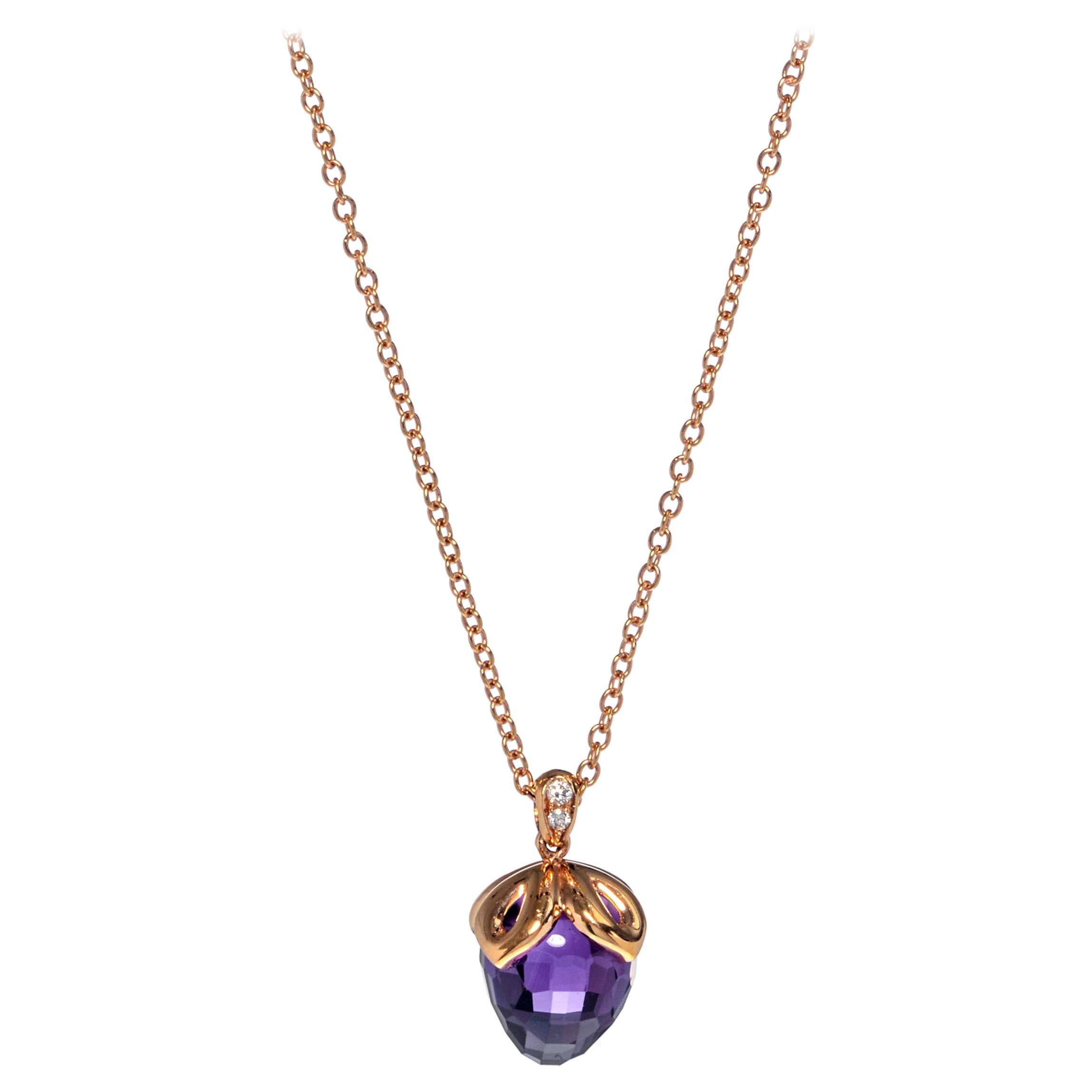 Luca Carati 18K Rose Gold Purple Amethyst & Diamond Pendant Necklace 0.03Cttw For Sale
