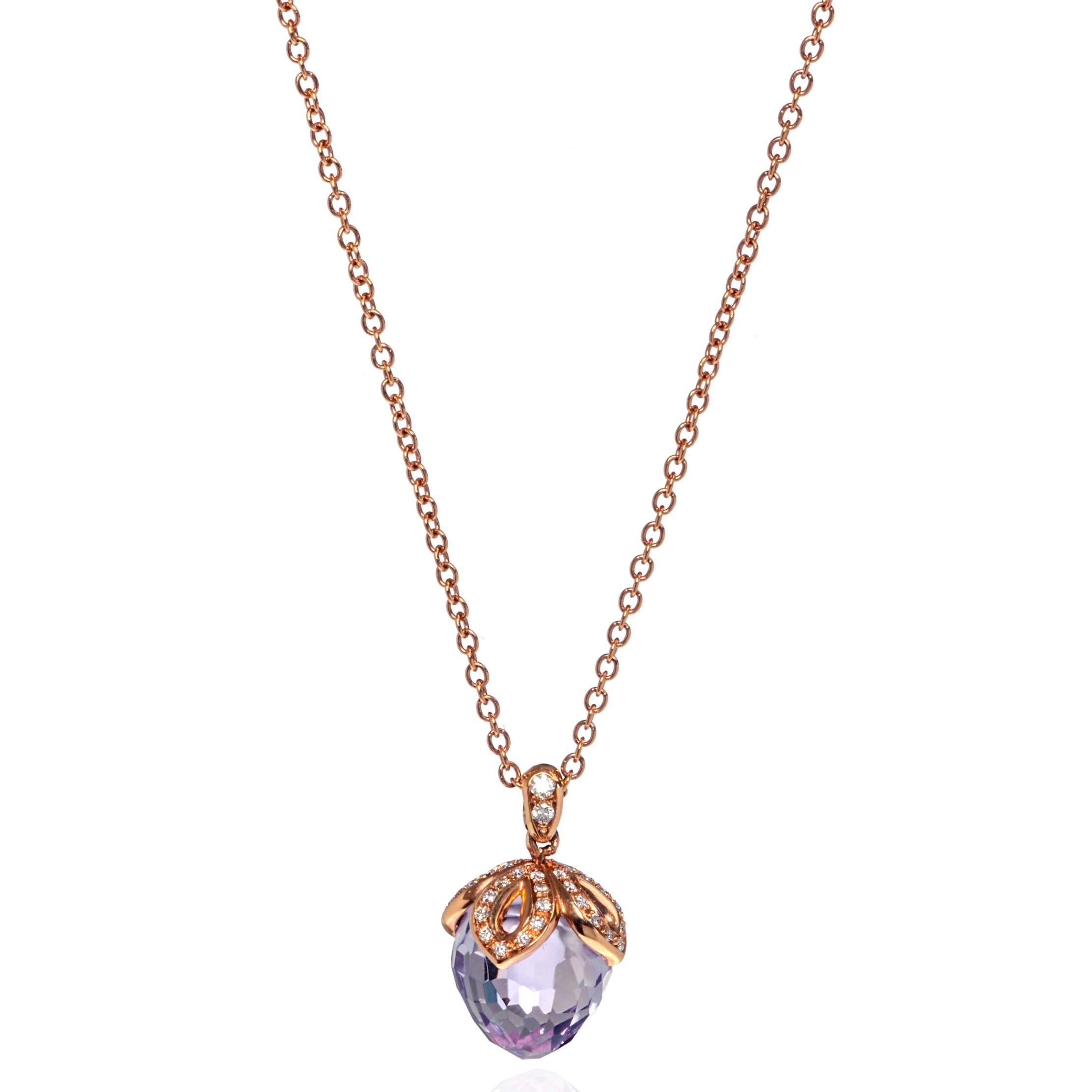 This beautiful purple Amethyst & diamond pendant necklace is crafted in 18k rose gold. The setting is set with tiny round cut diamonds that are 0.21cttw. Amethyst weight: 8.55cts. Pendant size: 16.00mm. Chain length: 16.5 inches. Comes with box and