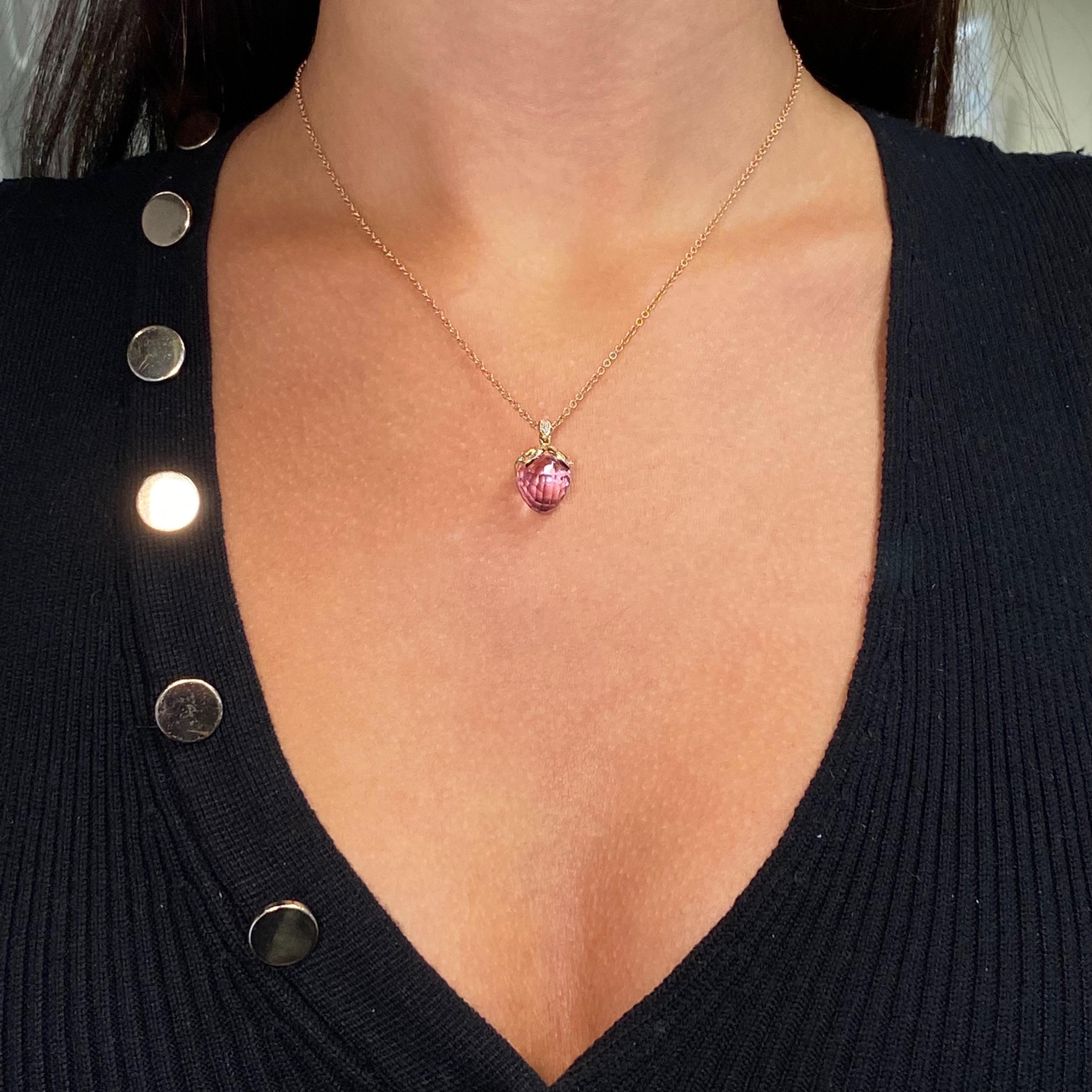 Round Cut Luca Carati 18K Rose Gold Purple Amethyst & Diamond Pendant Necklace 0.21Cttw For Sale