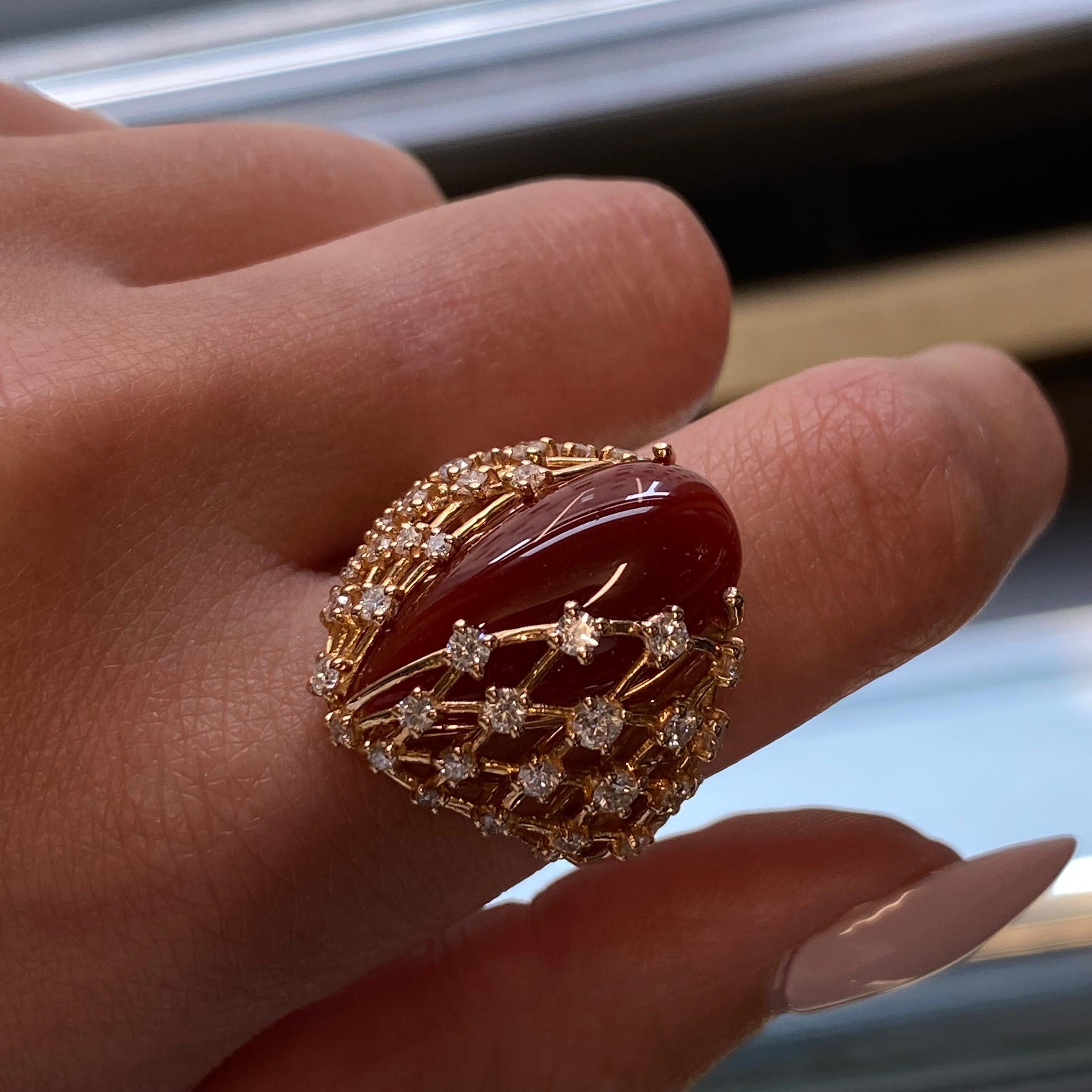 Luca Carati 18K Rose Gold Red Agate Gemstone & Diamonds Ring 1.22cttw In New Condition For Sale In New York, NY