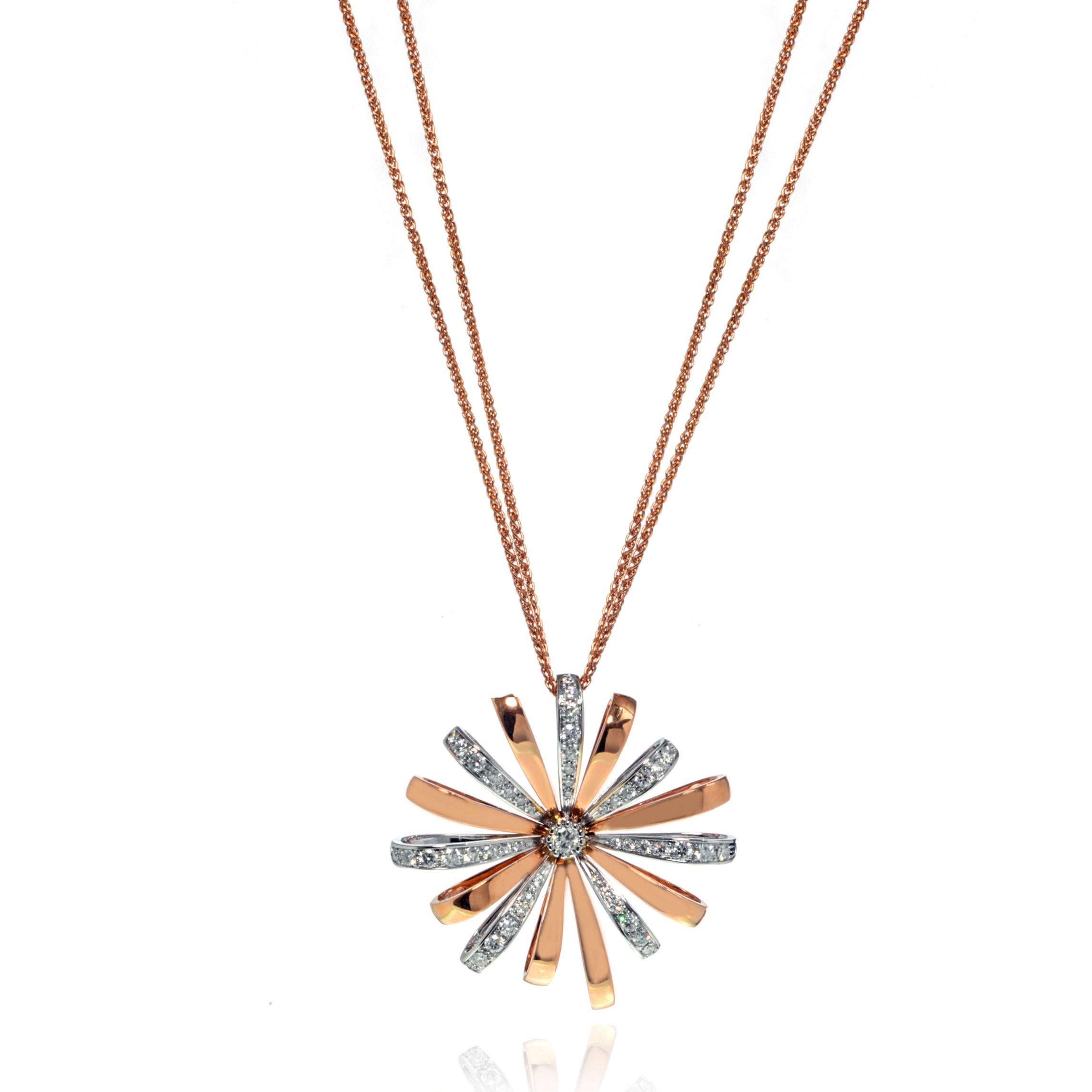 Beautiful Luca Carati 18k rose and white gold large diamond flower pendant long necklace. Features a gorgeous display of Brilliant pave Diamonds 1.28Cttw. Diamond color G and VVS-VS clarity. Chain length: 30 inches. Pendant size: 1.50 inches. Comes