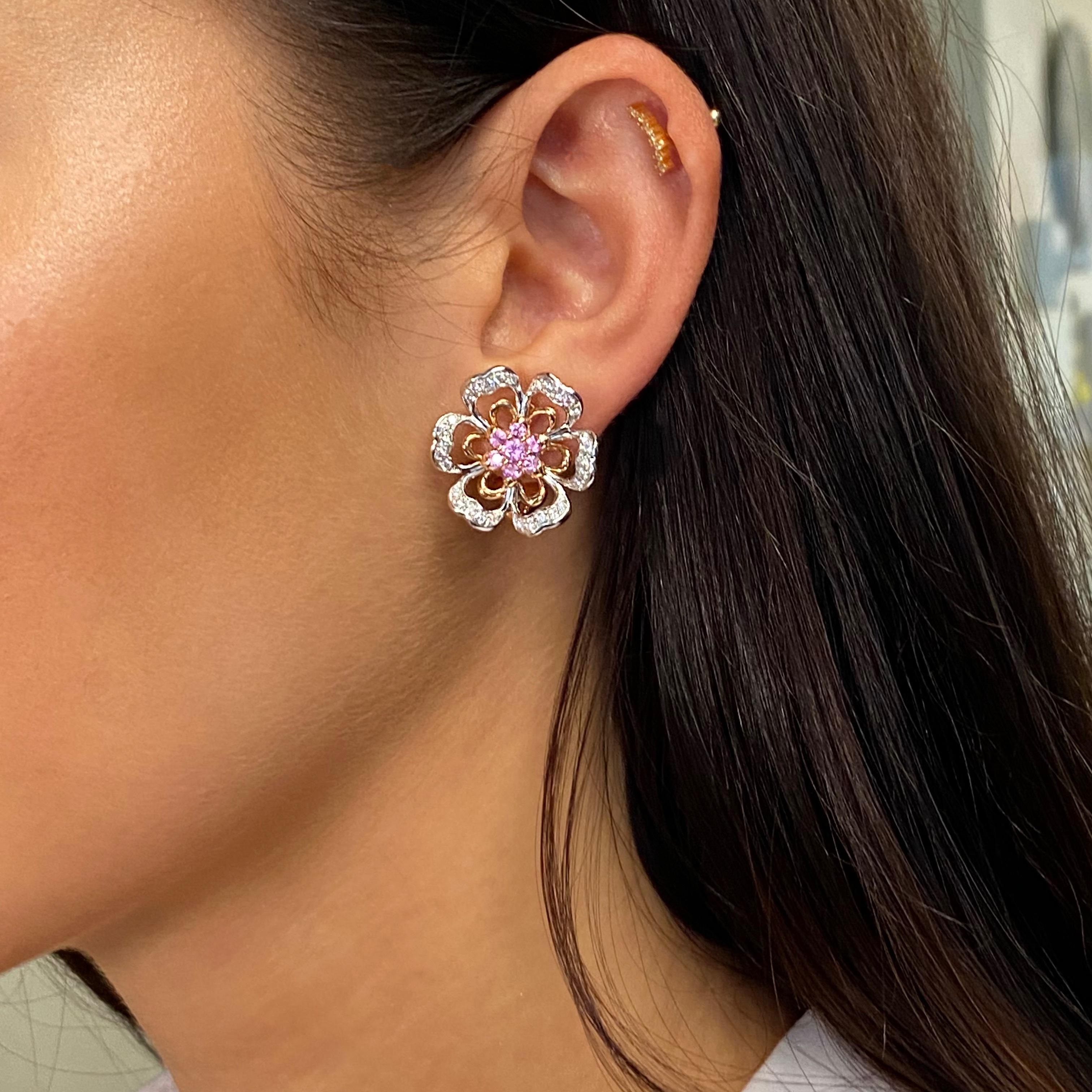 Round Cut Luca Carati 18K Rose & White Gold Pink Sapphire Diamond Flower Earrings For Sale