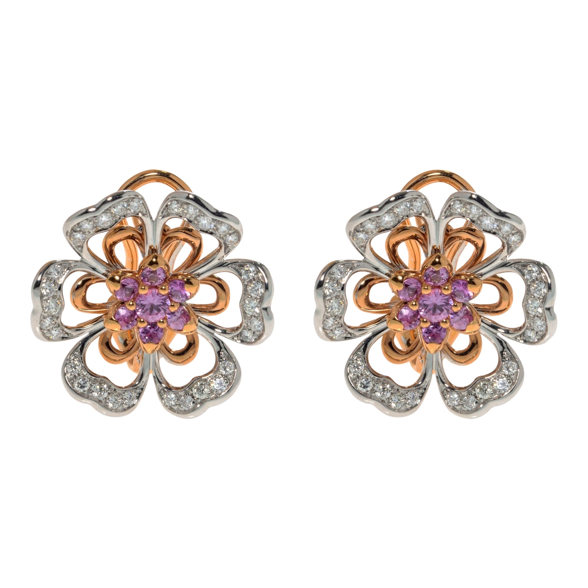 Luca Carati 18K Rose & White Gold Pink Sapphire Diamond Flower Earrings For Sale