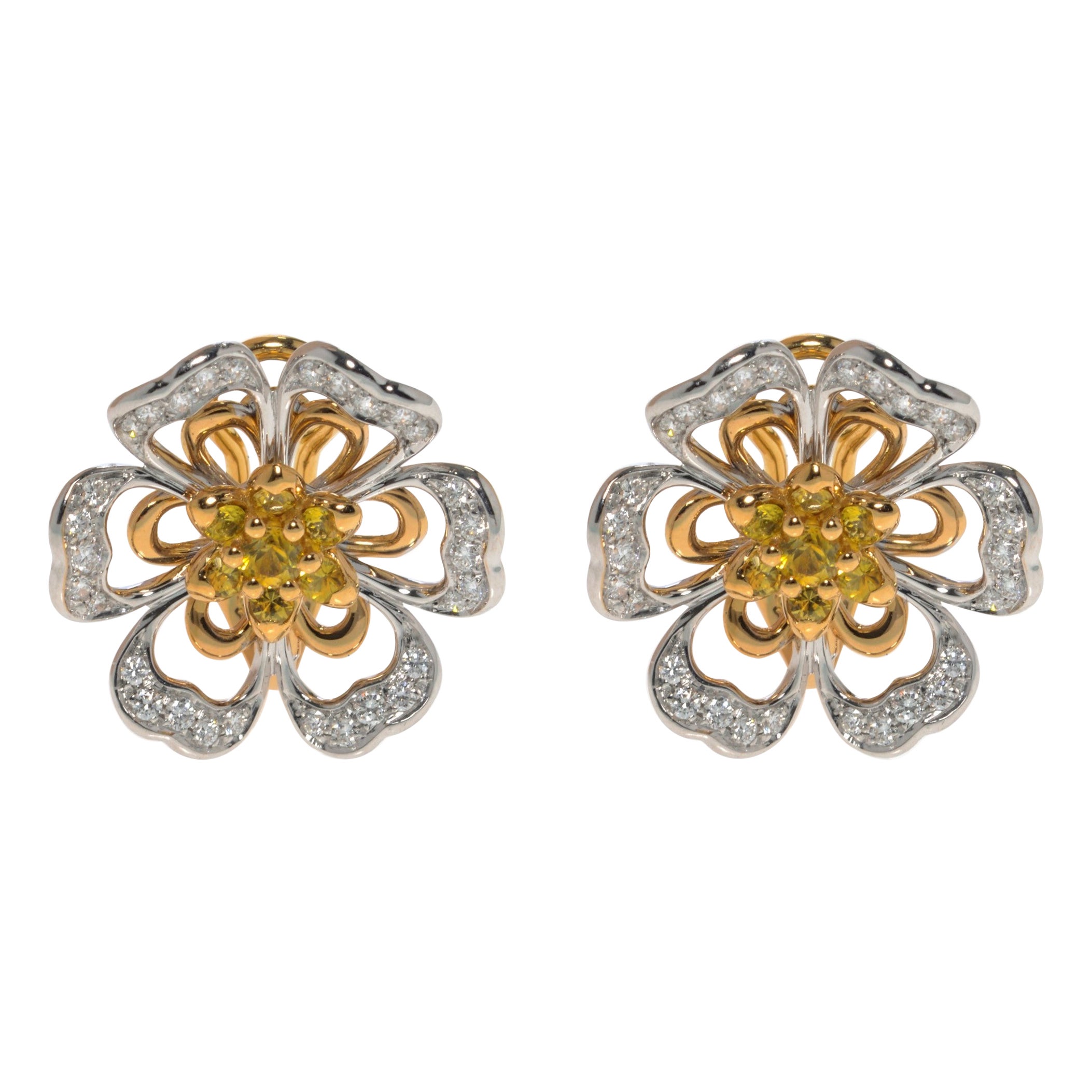 Luca Carati 18K Rose & White Gold Yellow Sapphire Diamond Flower Earrings For Sale